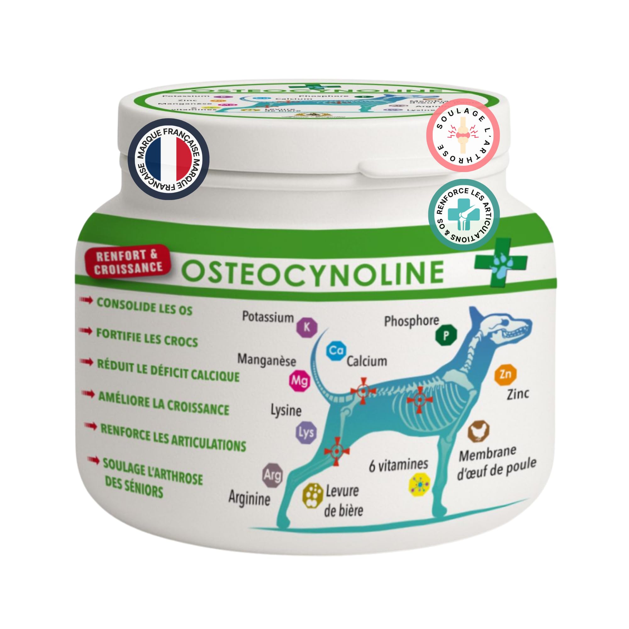 Osteocynolina dla psów 400 g - suplement diety stawów i wzrost kości - wapń i witaminy - stałe Crocs - puder z łyżeczką do dozowania - szczeniak, dorosły i senior