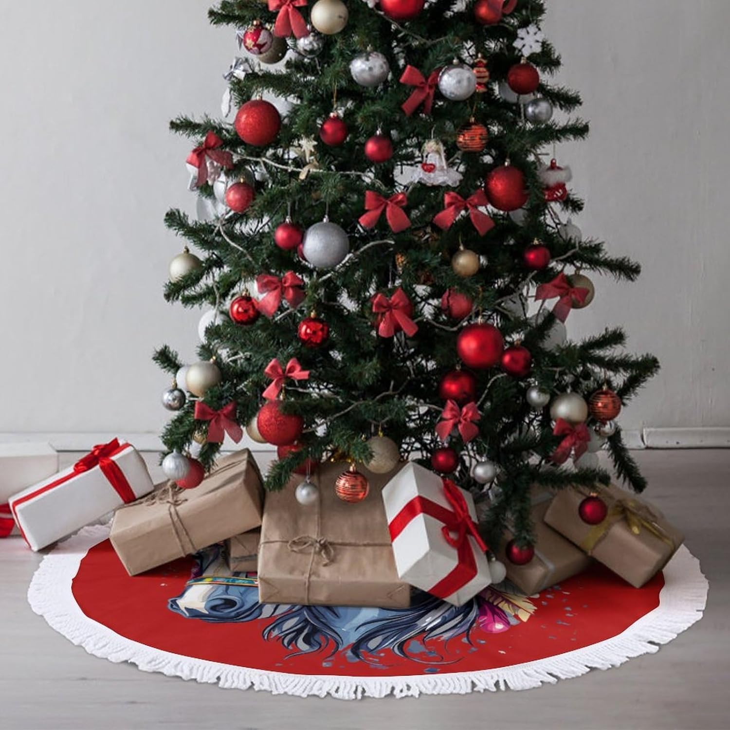 Horse Riding Native US Indian Christmas Tree Skirt Round Xmas Tree Mat Ornaments Tree Skirts with Tassels for Holiday Party