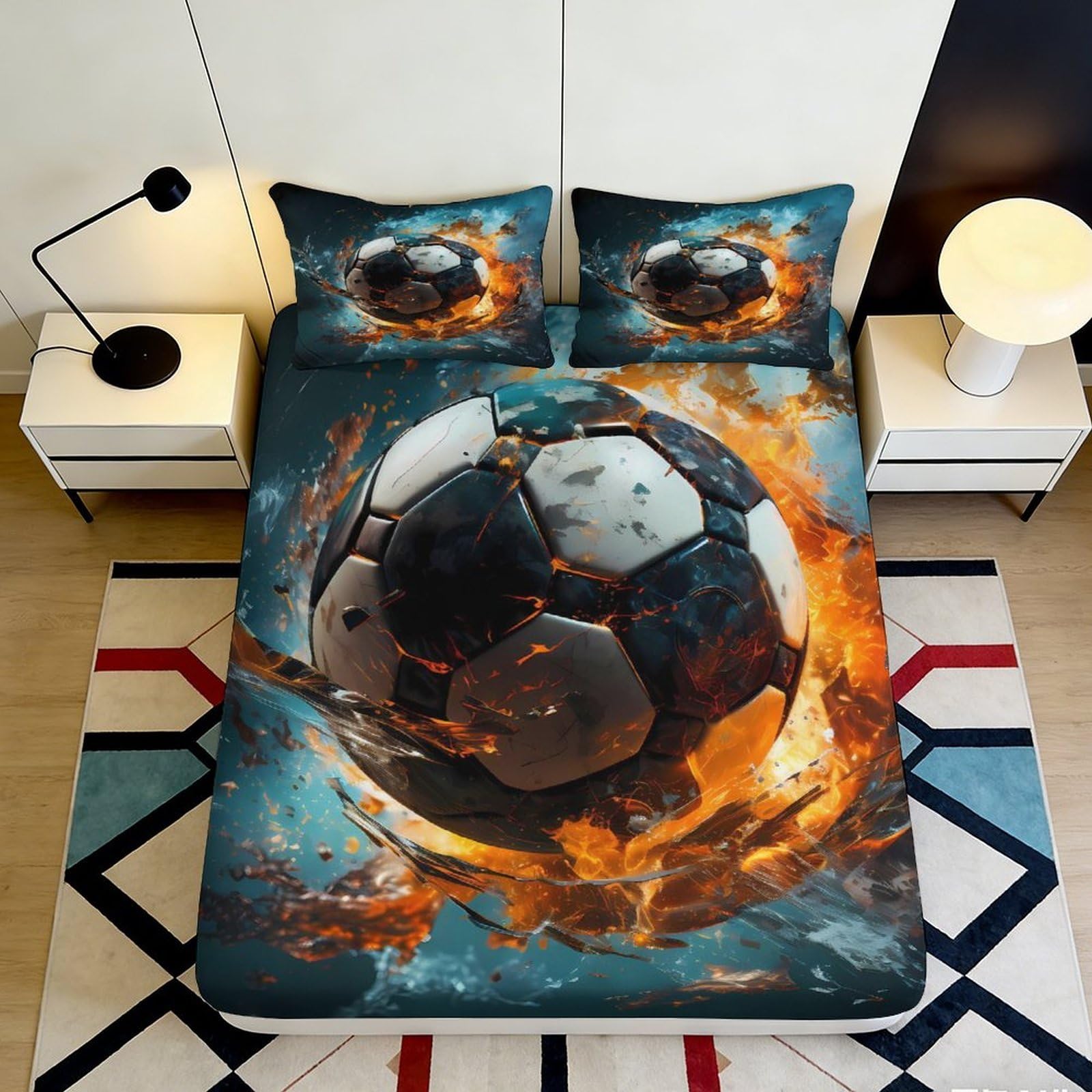 3D Printed Fire Soccer Fitted Sheet Microfiber Soft Breathable Flame Ball Mattress Cover for Bedroom Dorm Decor 90x200x25cm