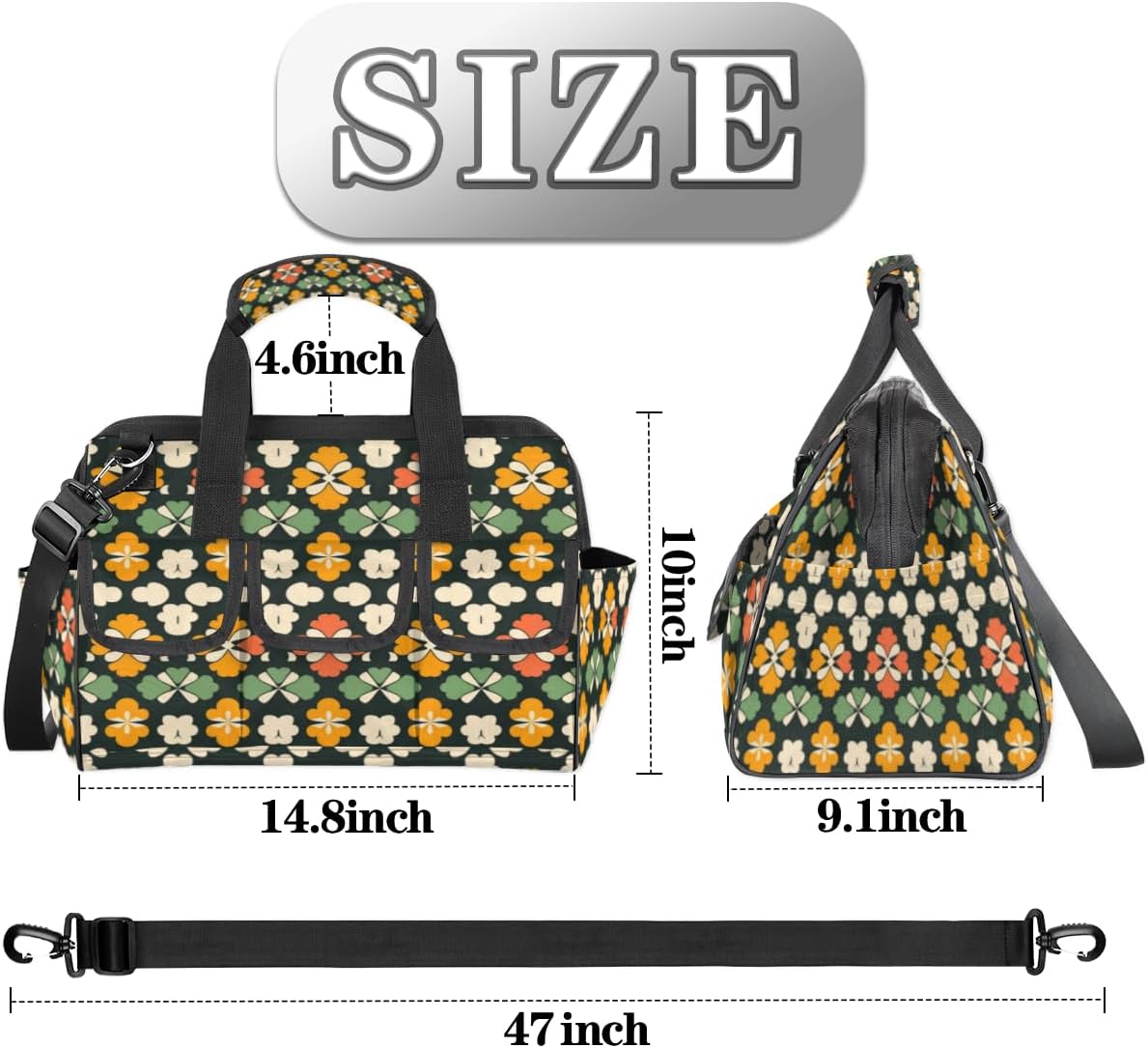 Boho Green Clover Heavy Duty Tool Bag for Men Garden Engineer Electrician Carpenter Sturdy Portable Tool Box Organizer Storage with Handle Pockets Strap 15 Inch