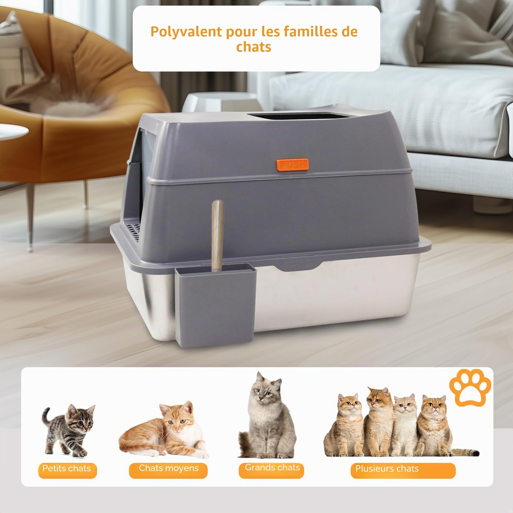 Bac a Litière pour Chat en Acier Inoxydable, Maison de Toilette XXL Anti Odeur avec Couvercle - Caisse Litière pour Chats avec Pelle