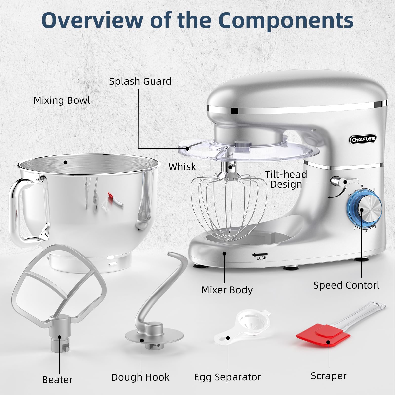 CHeflee Robot Pâtissier, 2000W Robot Pétrin, 6.2 L Robot de Cuisine Multifonction Faible Bruit avec Bol en Acier inox de,Batteur, Fouet & Crochet 6 Vitesses