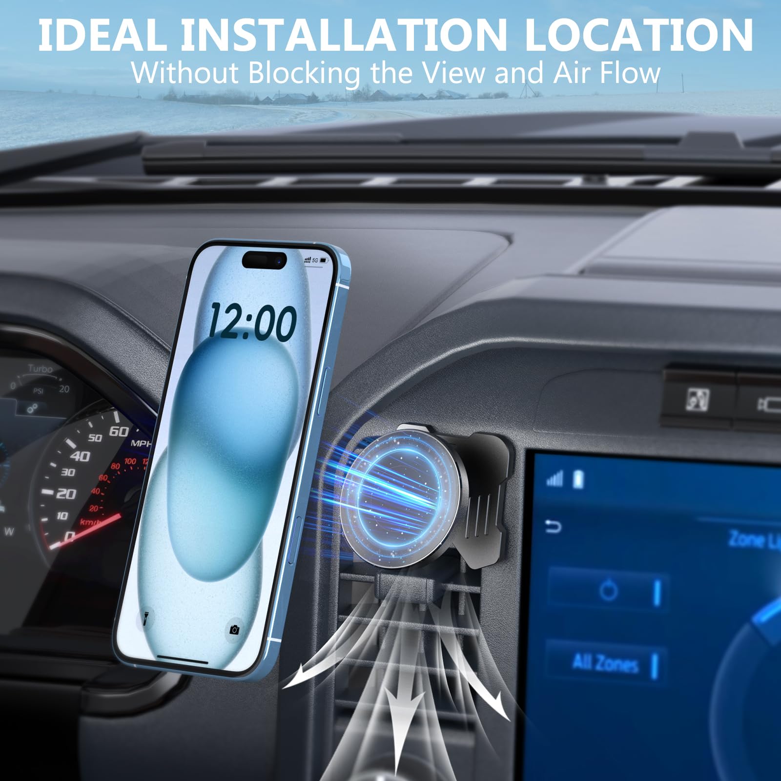 Surfcabin Soporte magnético CNC para teléfono de ventilación de camión, soporte de metal para teléfono F150, compatible con Ford F150 2021-2025 y Super Duty F250 F350 F450 2021-2025 y la mayoría de