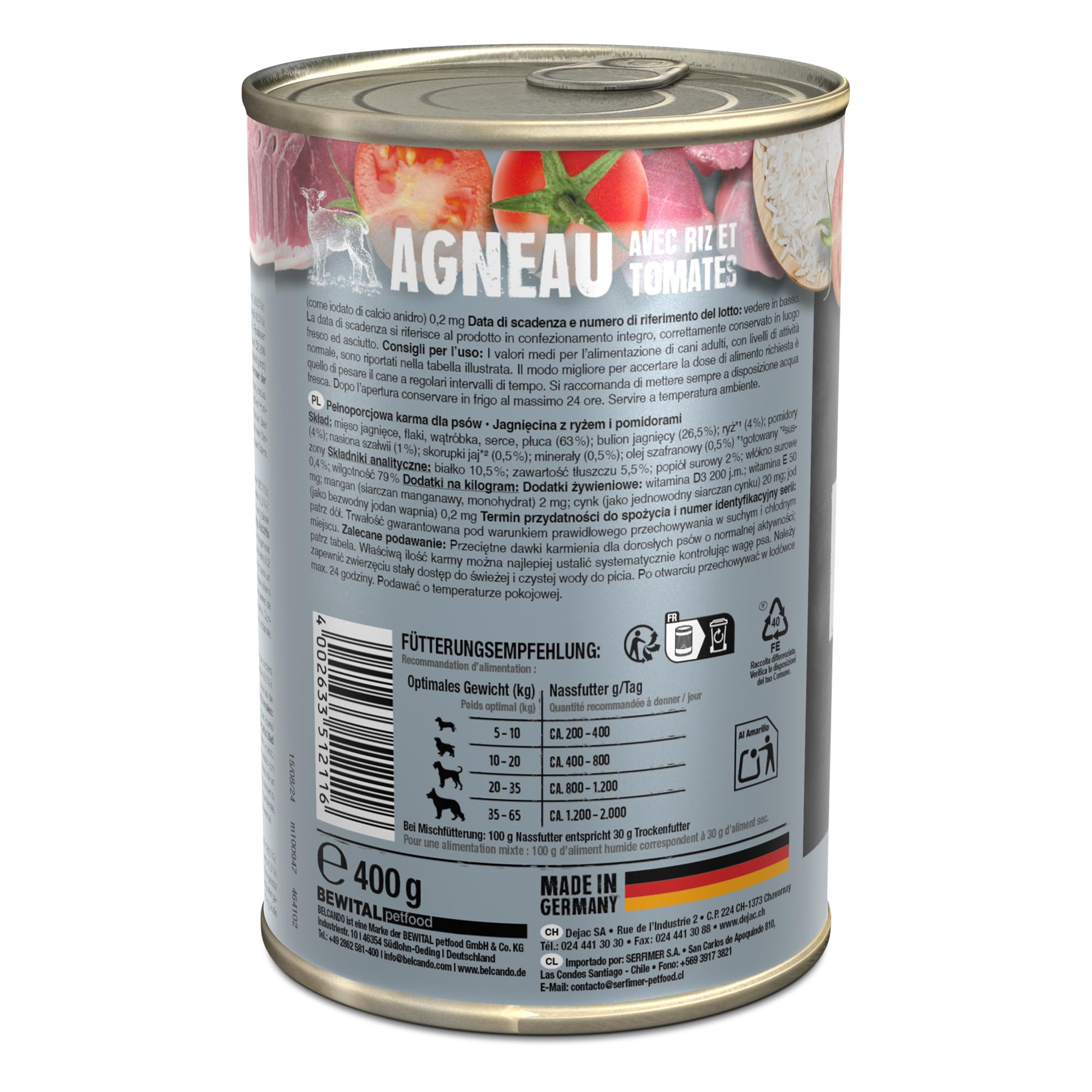 Belcando Super Premium Boîte 6 x 400 g Agneau avec Riz et tomates | Nourriture Humide pour Chiens | Aliment Humide pour Chiens de Toutes Races