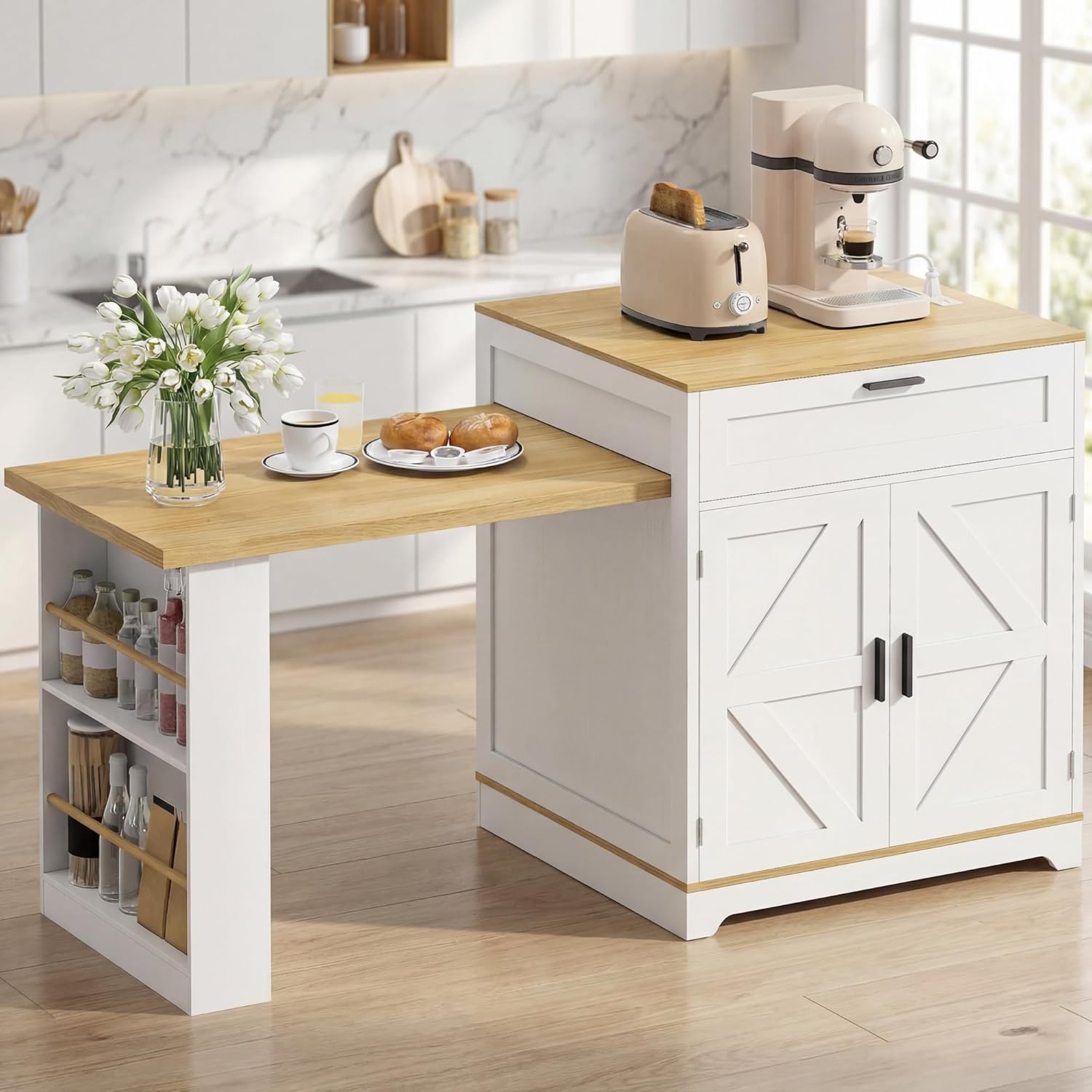 ANCTOR Kitchen Islands with Seating, 67.7" Island Table for Kitchen, Extendable Dining Table for 2-6, Mobile Rolling Bar Table Cart on Wheels with Charging Station, Drawer, Spice Racks, White