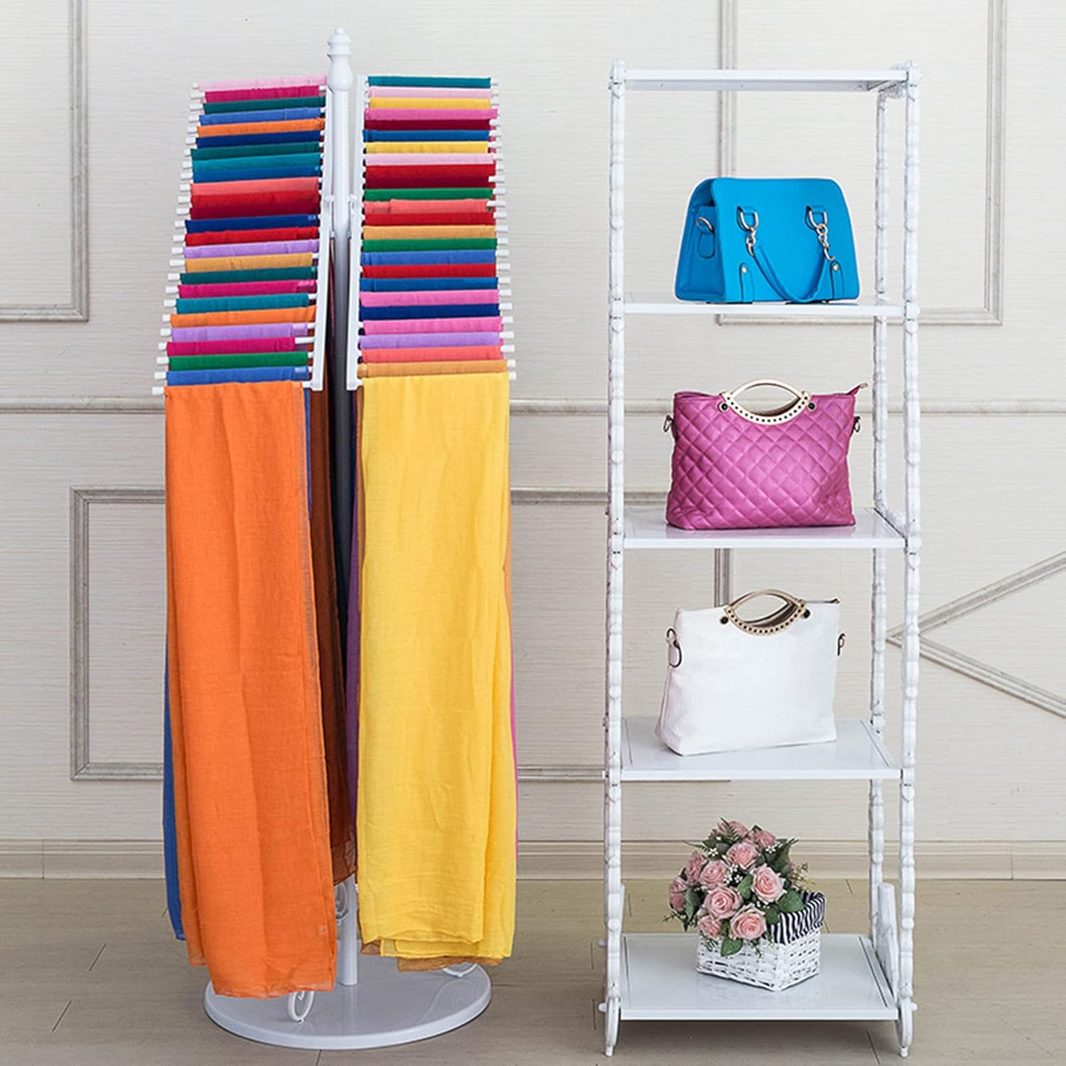 Metal Freestanding Scarf Holder Organizer,Multi-Purpose Retail Store Belt Blanket Shawl Silk Scarf Shelf Storage Rack,Boutique Pants Display Rack Tie Organizer For Men,Ac,White,58*88*170Cm (50 Pcs)