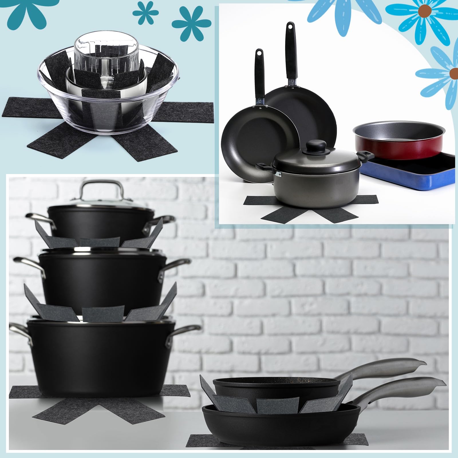 Queekay 60 protectores de ollas y sartenes, 6 tamaños diferentes, protectores de utensilios de cocina, separadores de ollas, almohadillas separadoras apilables para proteger y separar sartenes (negro)