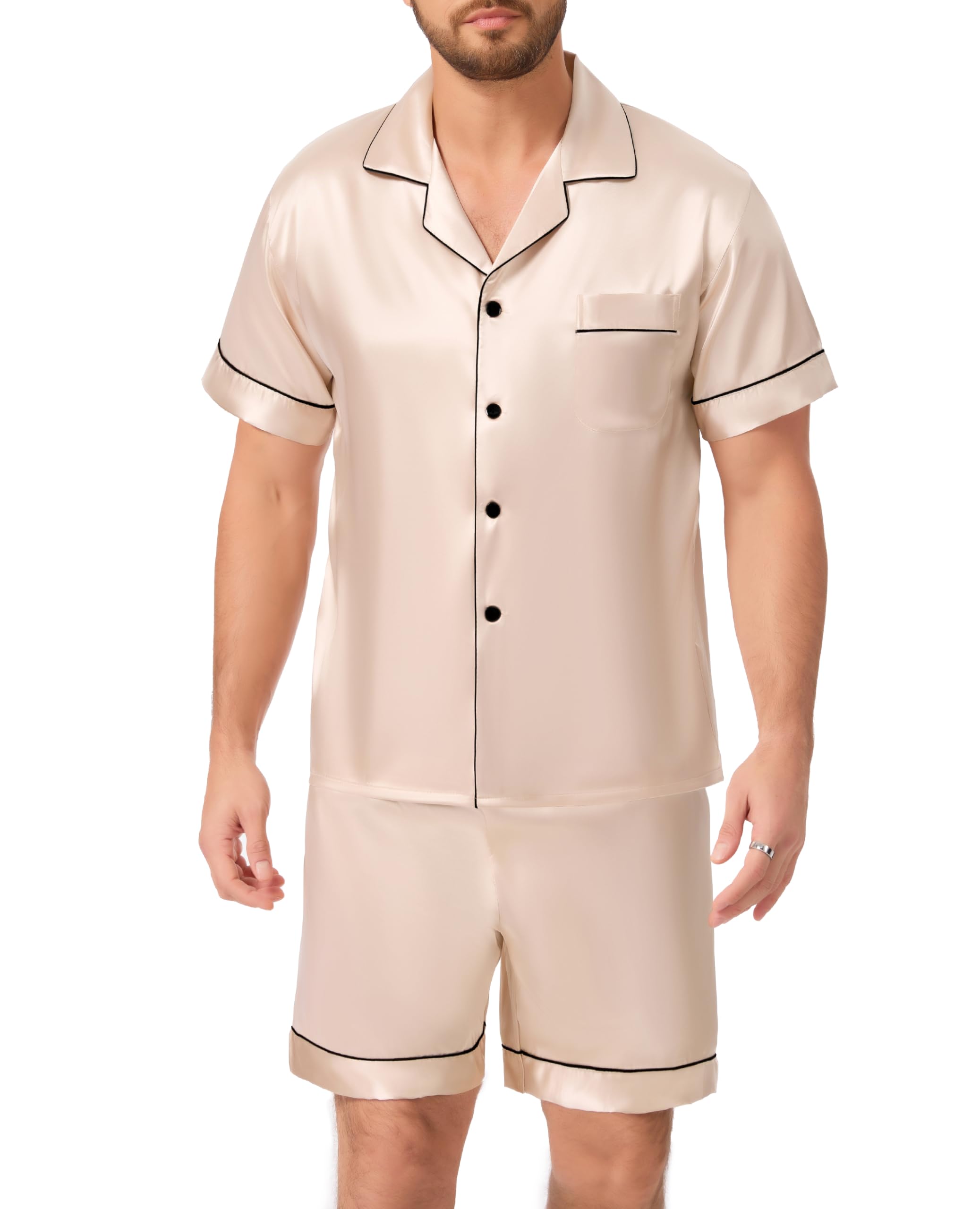 Lovasy Satin Schlafanzug Herren Kurz Kurzarm Pyjamas Set mit Knöpfen Sommer Pjs Sets Zweiteiliger Nachtwäsche