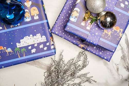 Miniatura 2 de Belén y estrellas juego completo de papel de regalo de Navidad reversible el paquete incluye 6XL hojas de 37 x 24 pulgadas, 6 etiquetas adhesivas de