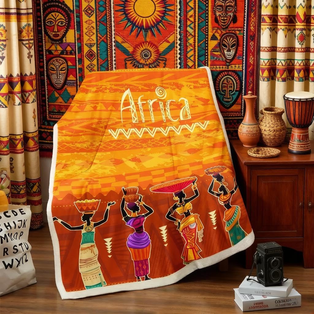 Loussiesd African Woman Sherpa Blanket African Pattern Fleece Blanket for Chair Sofa Couch Ethnic Afro Design Stain Resistant Exotic Style Room Decor King 87"*94" — image 1