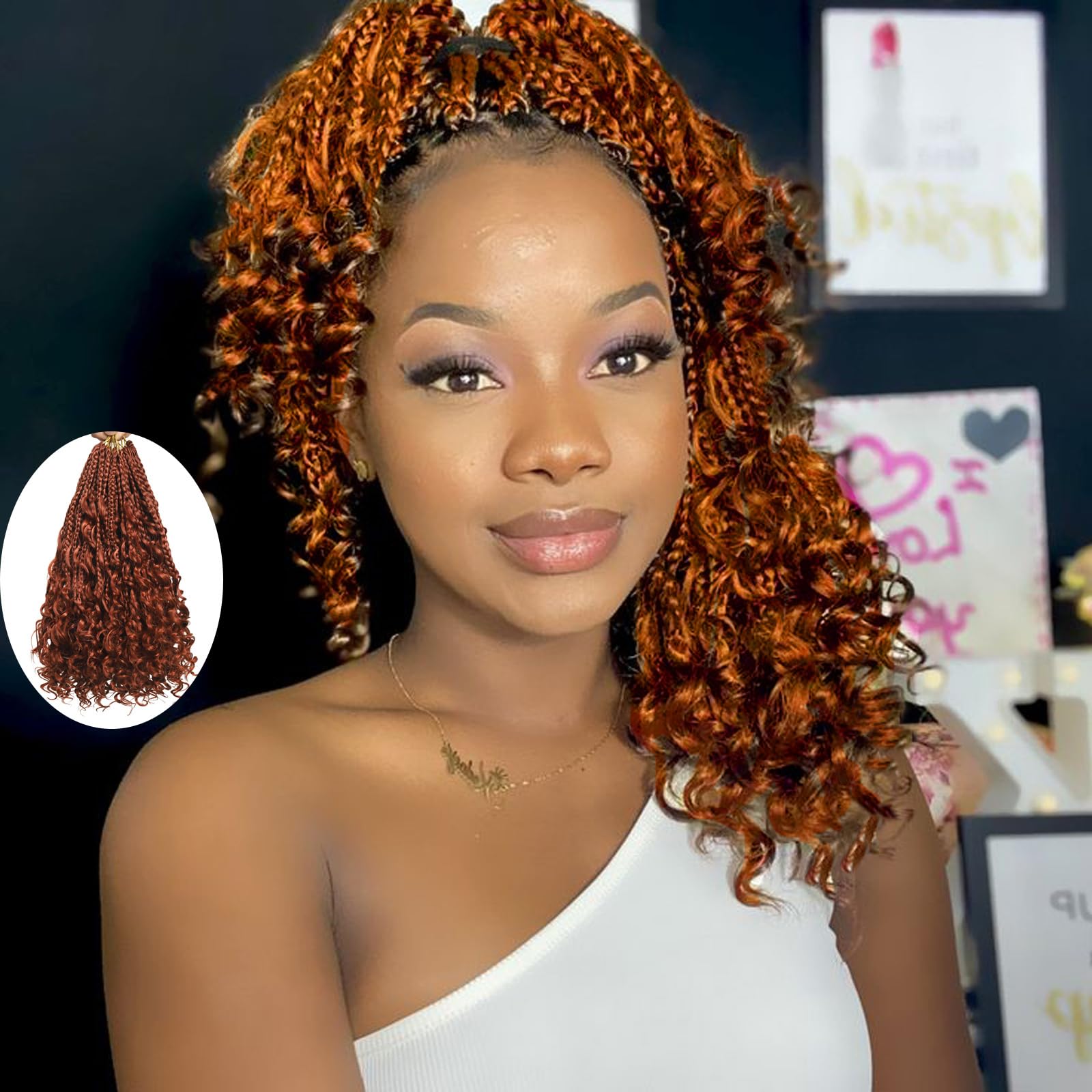 Flagship Goddess Box Braids Crochet Hair for Black Women,14 Inch 9 Packs 350 Goddess Crochet Braids Boho Crochet Box Braids with Curly Ends,Bohomian Pre looped Box Braids Crochet Hair-Ginger