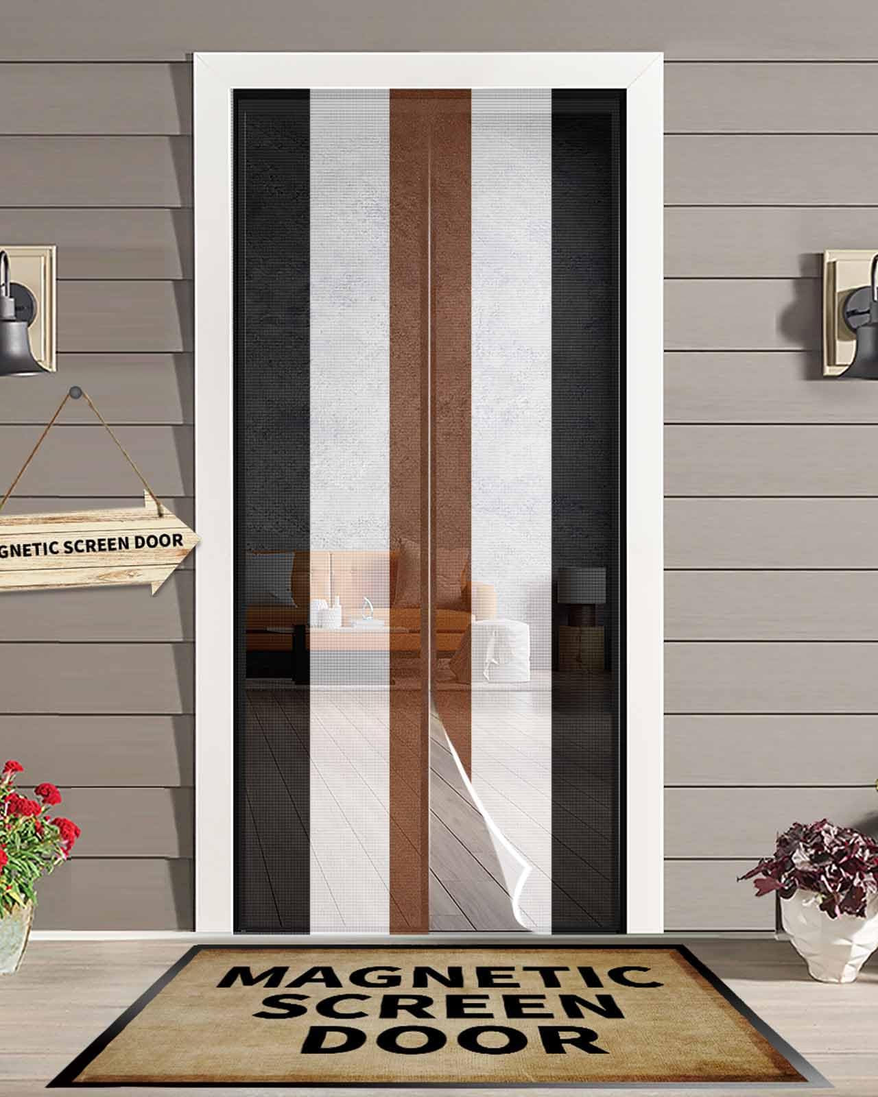 Magnetisches Fliegengitter mit geometrischen Streifen, strapazierfähiges Netzgewebe, selbstschließend, für Schiebetüren (einfache französische Türen), Tribal Boho, Schwarz, Braun, Weiß