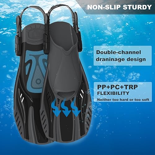 Miniatura 4 de Otowaving Aletas de esnórquel, aletas de natación, aletas de esnórquel con aletas cortas de tamaño de viaje, para buceo, aletas ajustables de tacón