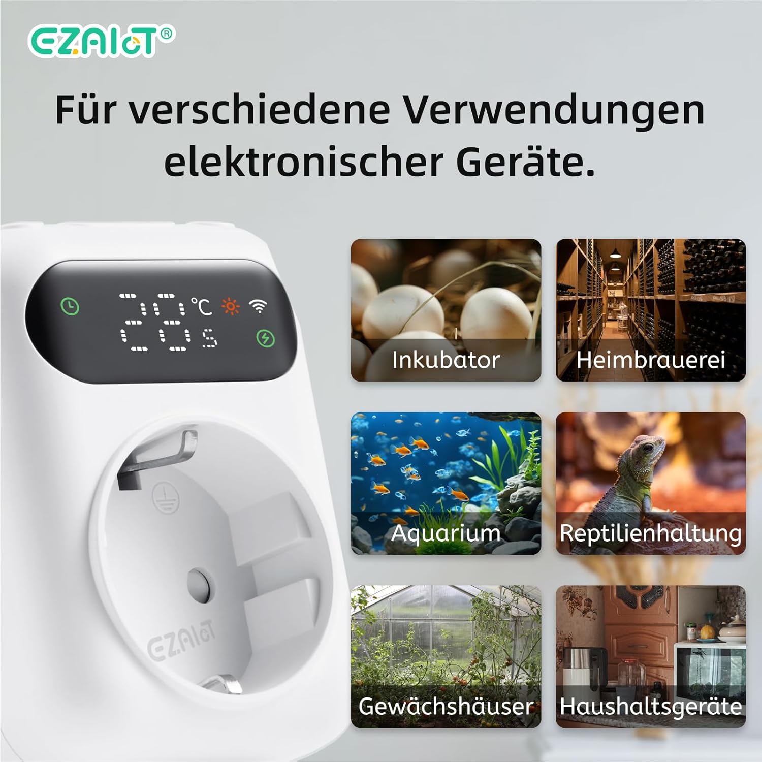 EZAIoT Thermostat Plug showing various application scenarios like incubator, aquarium, greenhouse