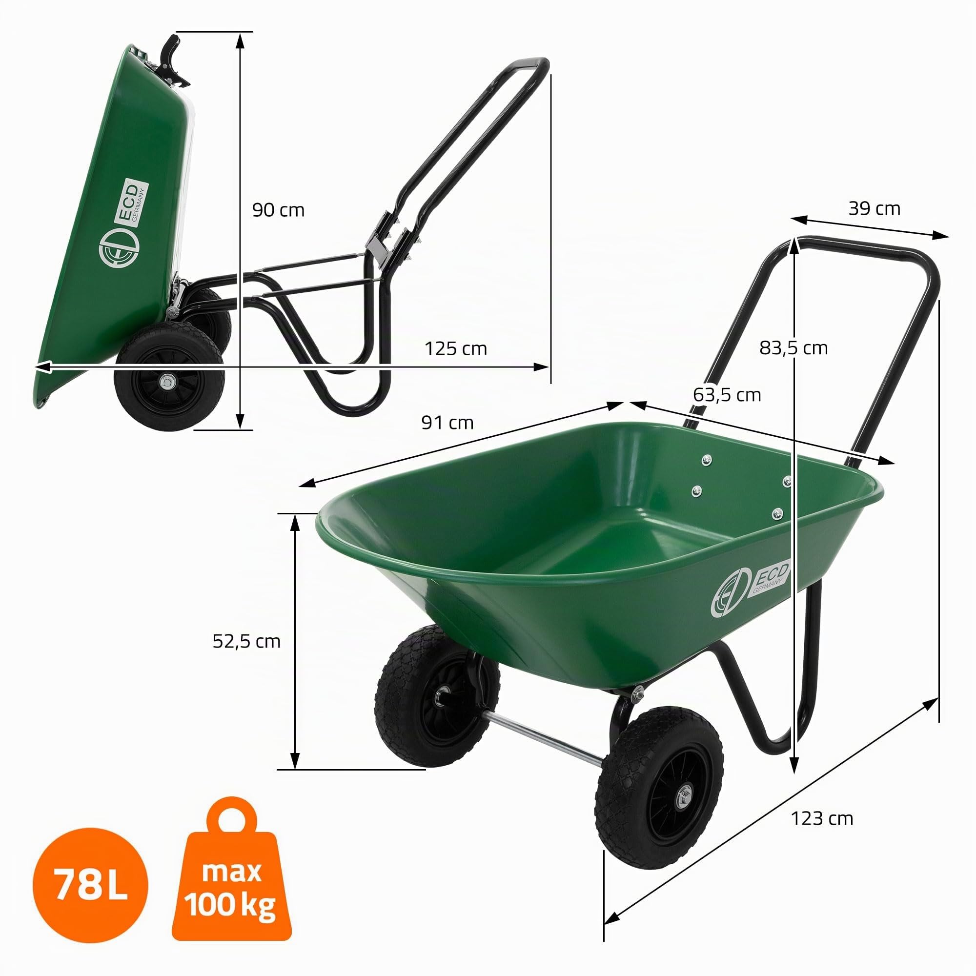 ECD Germany Chariot à Brouette 78L avec Fonction de Basculement avec Cadre en Acier, 2X Pneus PU et Bac en PP, Charge de 100 kg Équipement Polyvalent Extérieur Chantier Jardin Cour Manutention