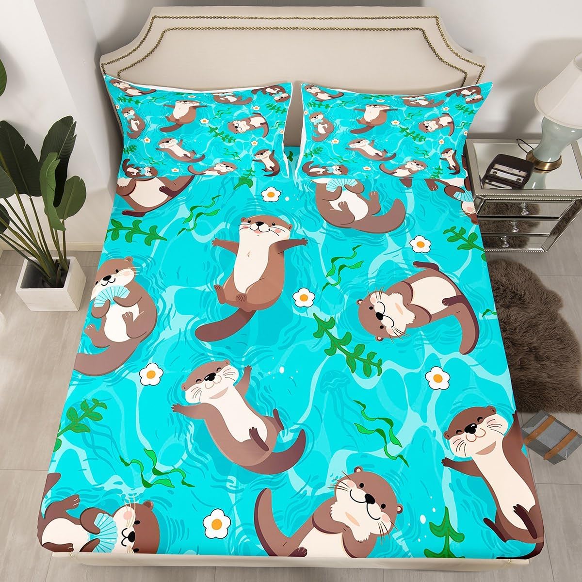 Cute Otter Bedding Set Full Size Sea Otters Bed Sheet Set for Boys Girls Children Kids Funny Animal Fitted Sheet Gifts for Otter Lovers Bedroom Decor Floral Leaf Bedding Sheets 3Pcs