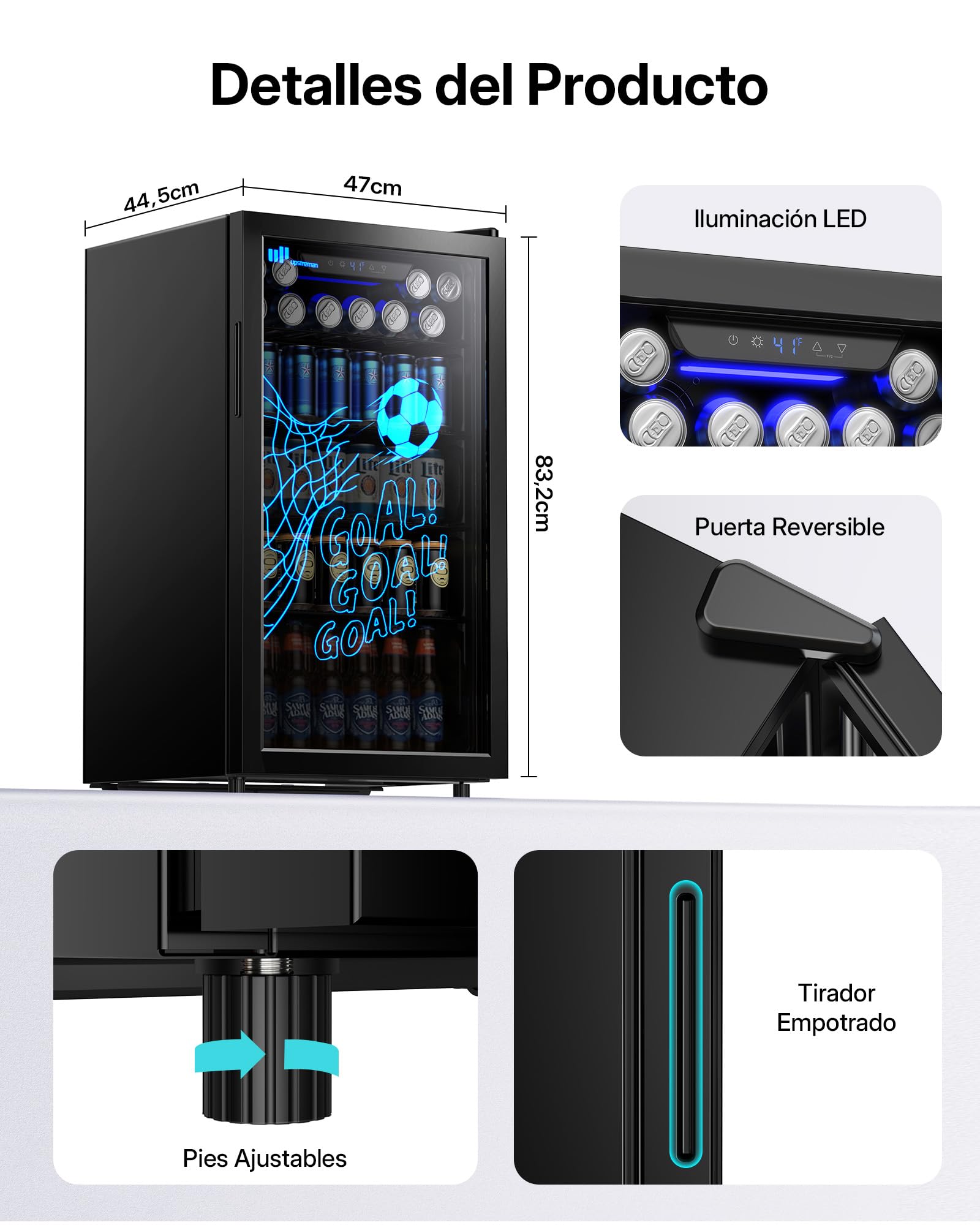 Upstreman Frigorífico de Bebidas 91 L, Mini Nevera con Puerta de Vidrio Doble, LED con Diseño de Fútbol, 4 Estantes Extraíbles, 0-15℃, para 126 Latas, Nevera Pequeña para Refrescos, Cerveza y Vino