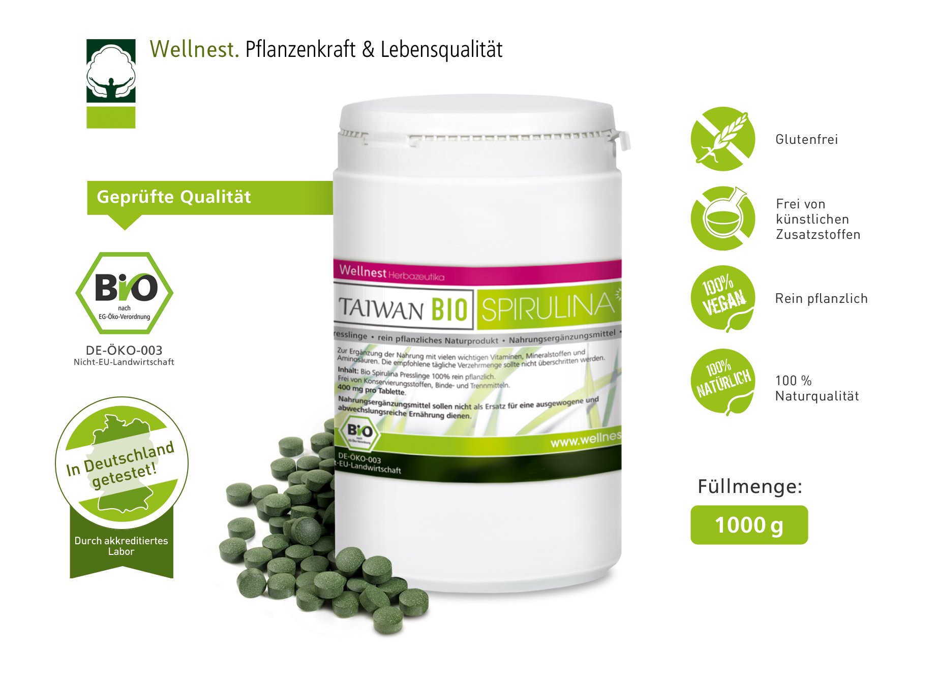 Bio Taiwan Spirulina | Detox Superfood mit hochwertigem Protein | Blaualgen vegan | 2500 Presslinge à 400 mg