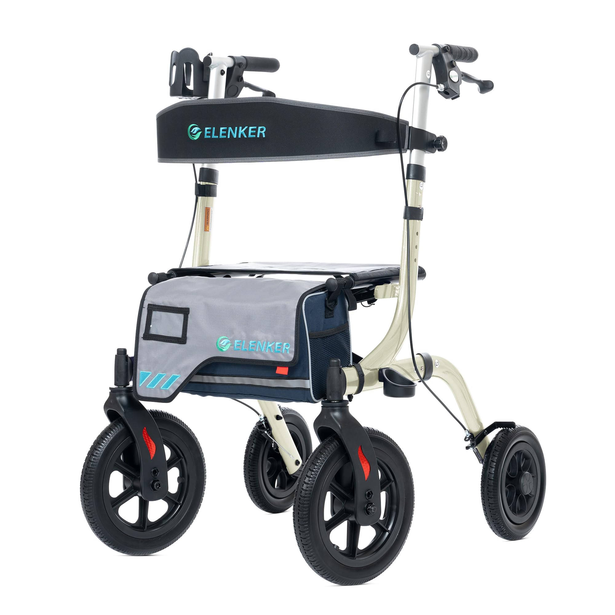ELENKER All-Terrain Rollator Walker with Seat, Outdoor Rolling Walker, 12β Non-Pneumatic Tire Front Wheels, Compact Folding Design for Seniors, Champagne