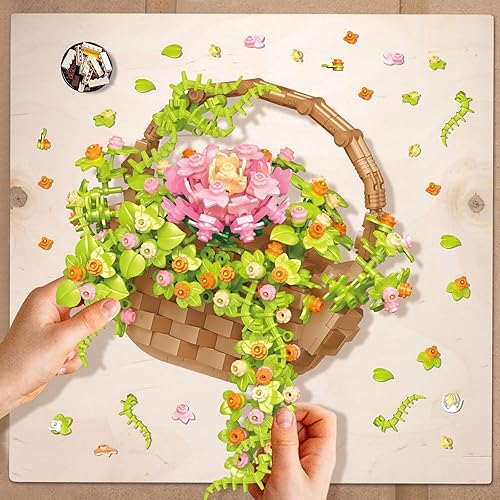 Miniatura 6 de ZYLEGEN Kit de construcción de flores bonsái con cesta y gancho para cesta de flores, ramos de flores de bricolaje, bloques de construcción,