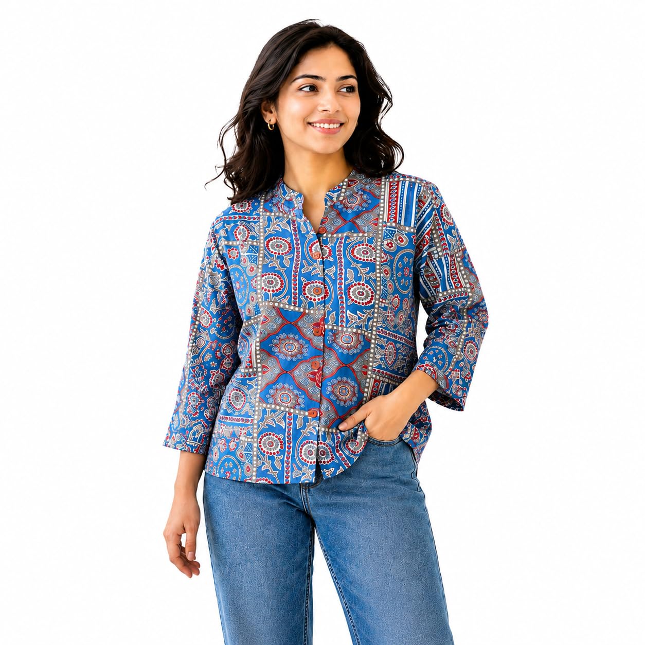 Women's Blue Ajrakh Print Tunic Top, Mandarin Collar, 3/4 Sleeves, Ethnic Boho Style-picture-32