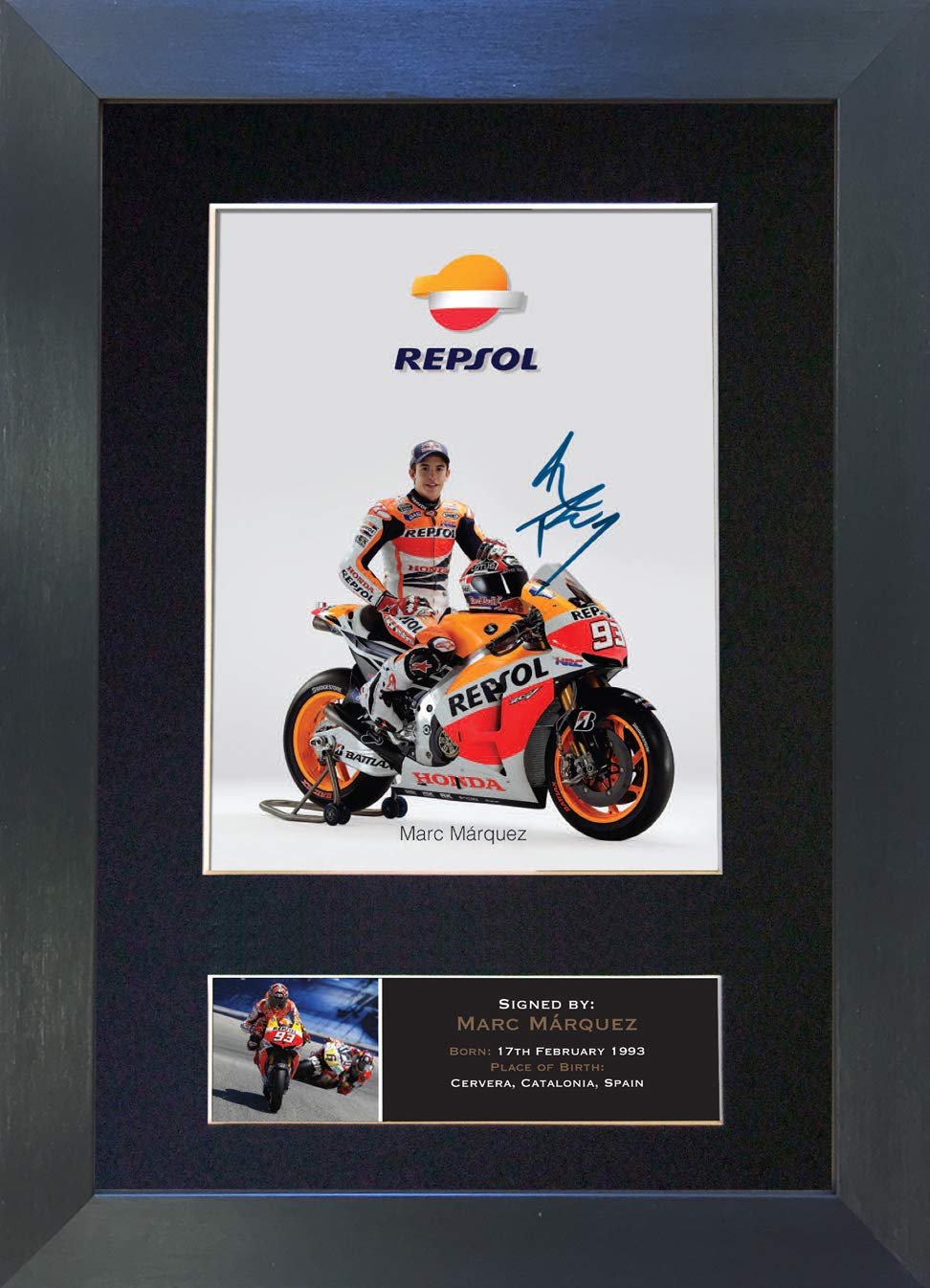 The Autograph Collector Gold,Black Marc Marquez Signed Autograph Mounted Photo Reproduction Print A4 Rare (297 X 210Mm) #419 (Black Frame)