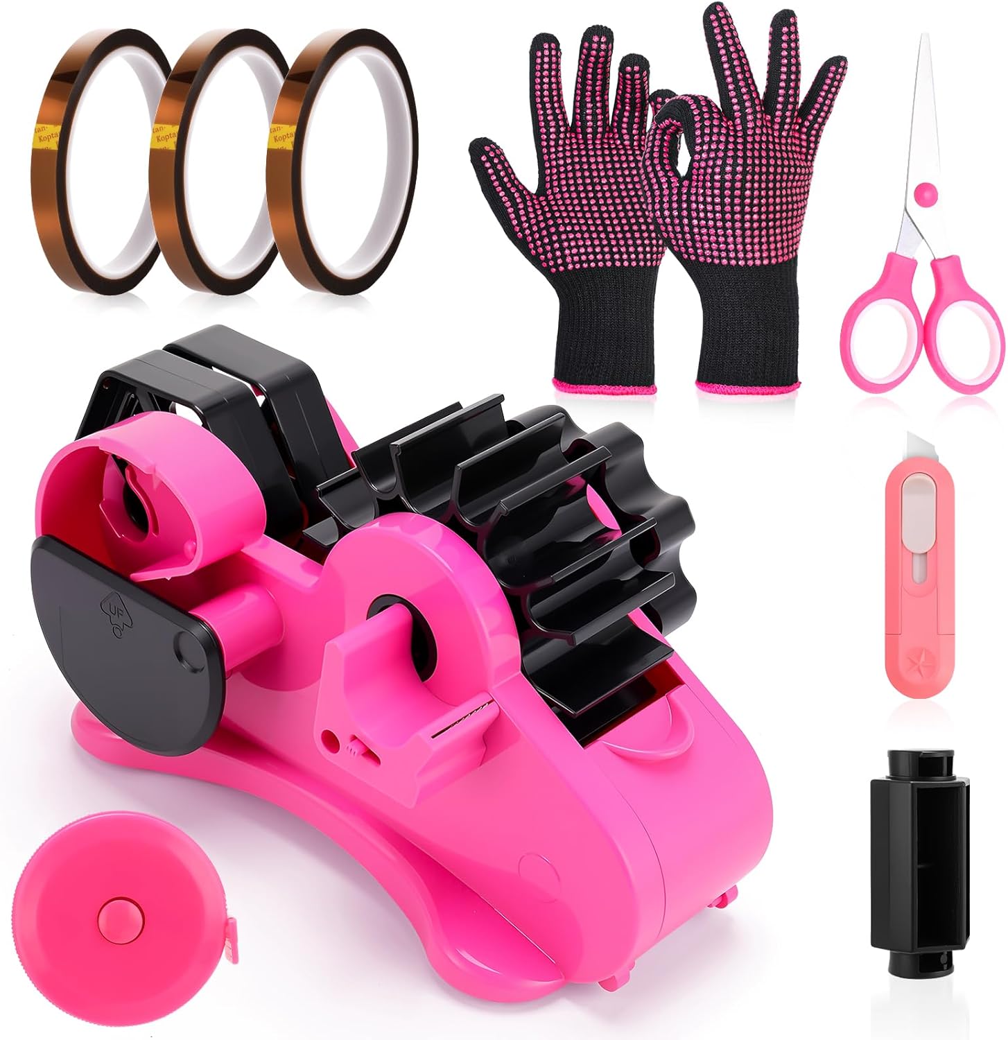 8 Pcs Pink Heat Tape Dispenser Set, Multiple Roll Cut Heat Tape Dispenser Double Reel Cores with Gloves Silicone Bumps 3 Heat Tape for Sublimation Mini Cutter Measuring Ruler Scissor, Pink