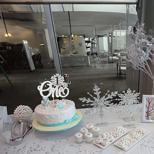 Miniatura 5 de Gyufise 1 pieza de copo de nieve con purpurina para decoración de pastel de invierno congelado, primer cumpleaños, copo de nieve para invierno, baby