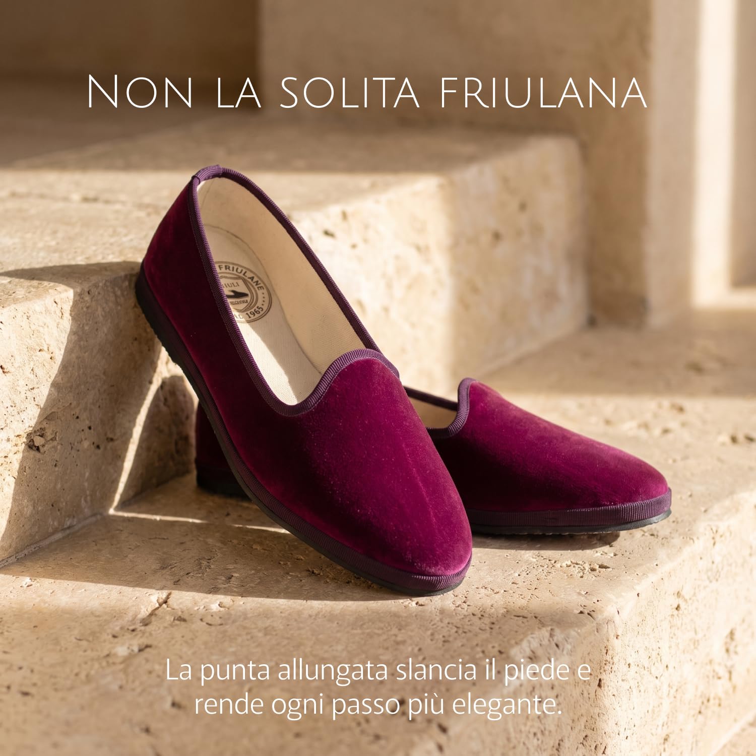 Friulane Donna in Velluto di Cotone, Fodera 100% Cotone, Sottopiede Imbottito, Suola Vera Gomma, Made in Friuli