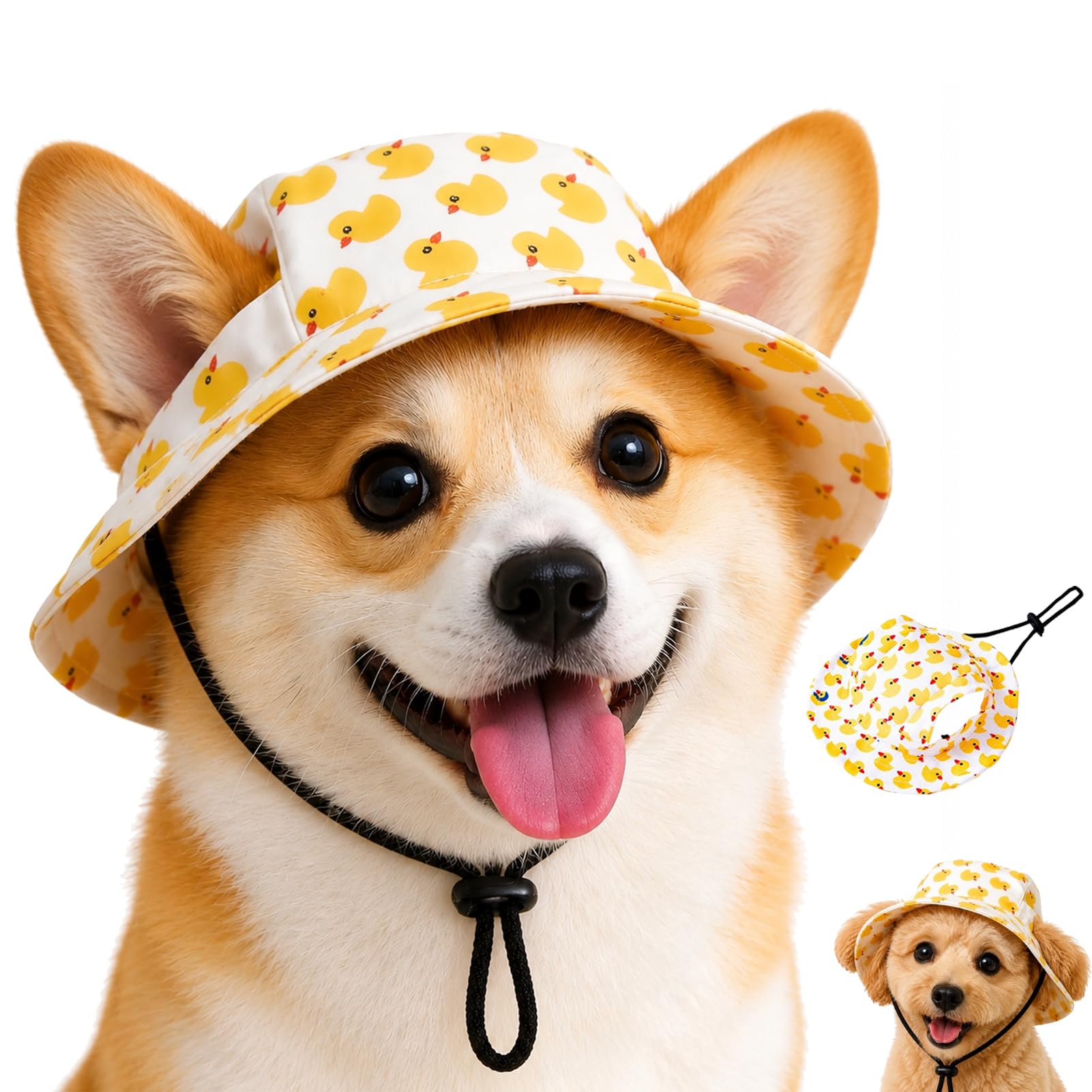 Dog Sun Hat with Ear Holes and Adjustable Chin Strap, Durable Cotton Canvas Pet Baseball Cap, Wide Brim Outdoor Summer Sun Bonnet for Small & Medium Dogs, Puppies (Medium)