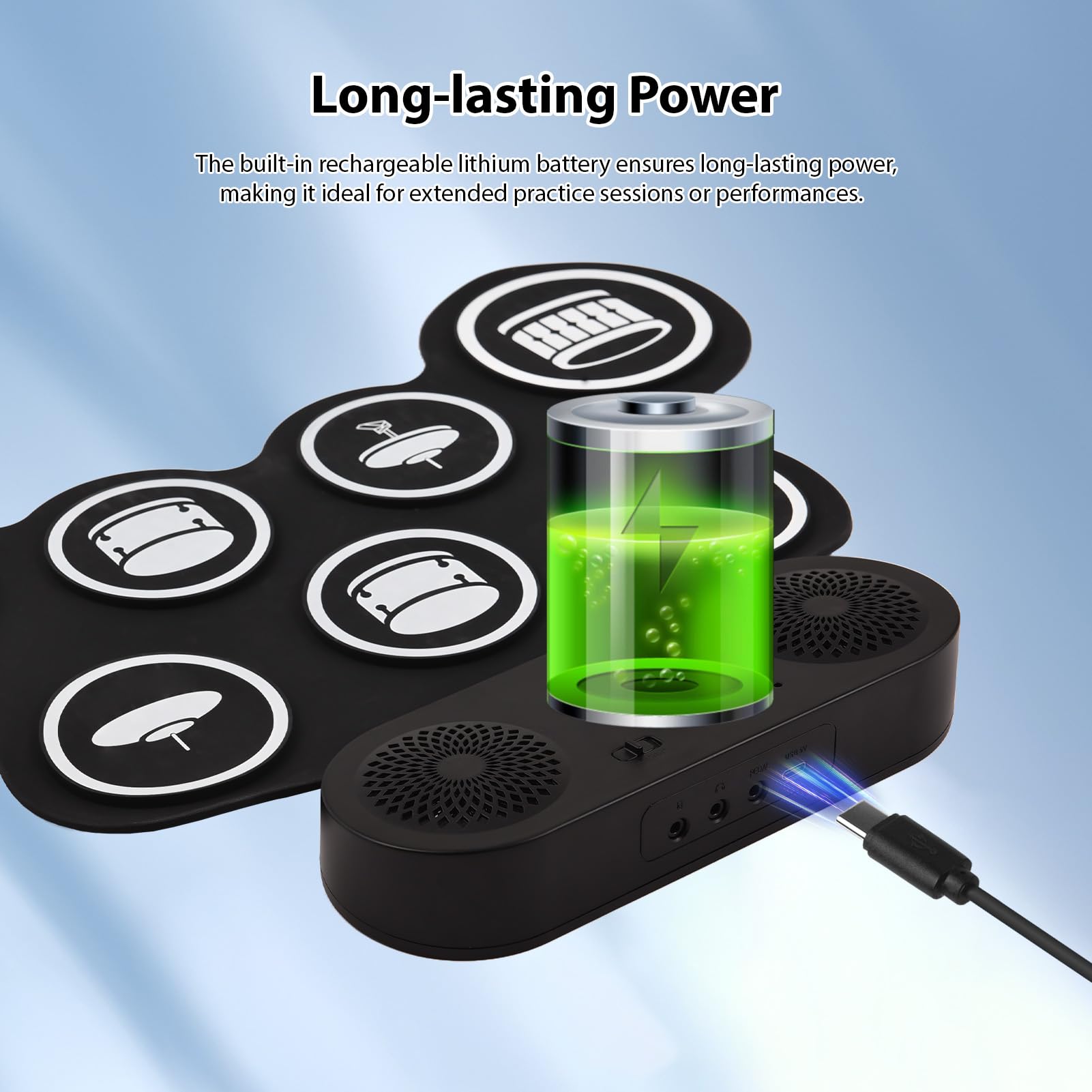 Tambor electrónico Pad Set, Hand Roll Drum Set 7 Pads con Doble Altavoz 7 Estilos de Batería 6 Ritmos 10 Canciones de Demostración, Portátil de Práctica Pad Drum Kit con Baquetas