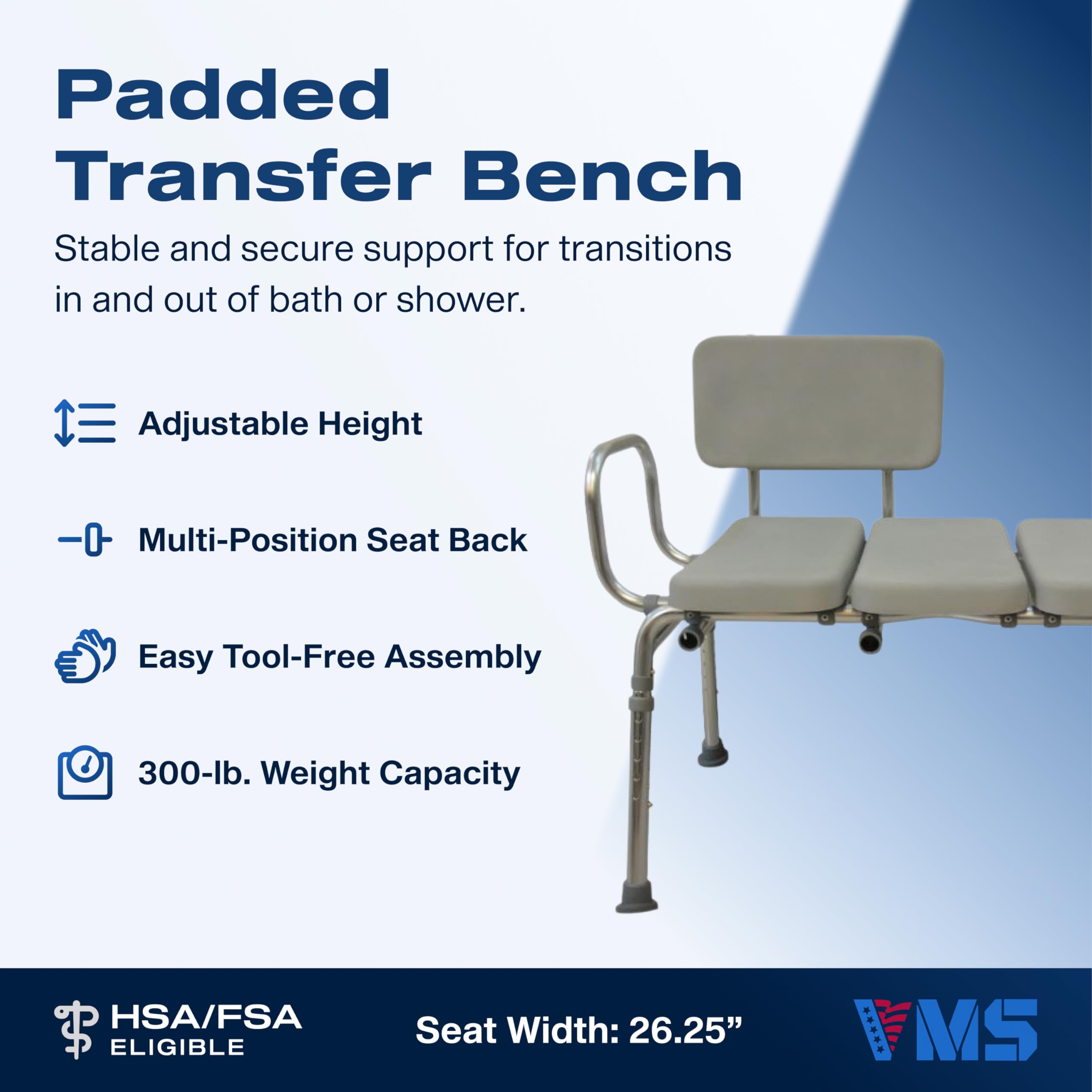 VMS Padded Transfer Bench - 300 lbs Capacity, Height Adjustable, Reversible Back, Tool-Free Assembly, Waterproof and Tear-Resistant Foam Cushion