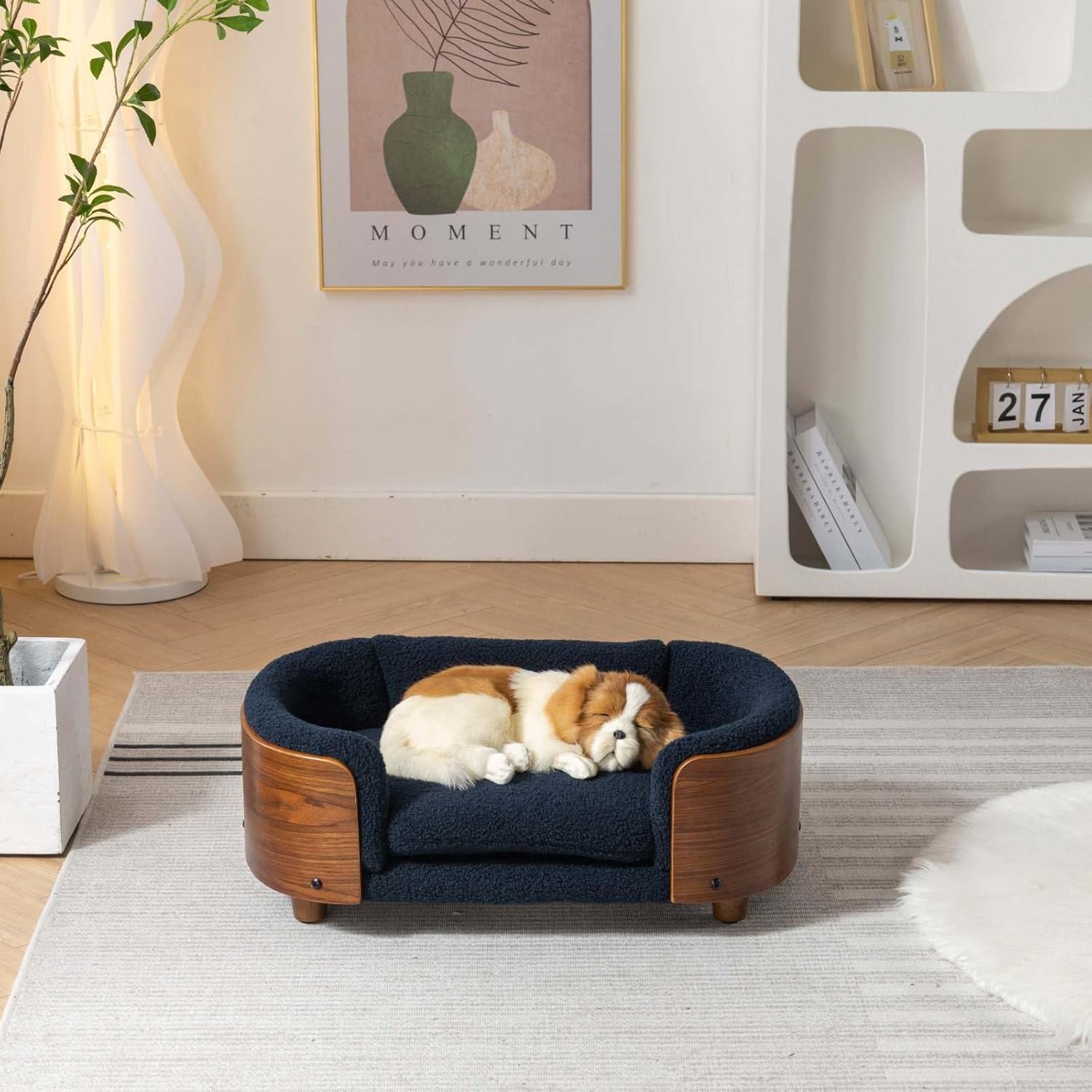 Elevated Pet Sofa Bed with Solid Wood Legs, Bent Wood Back, and Cashmere Cushion - Luxury Pet Furniture for Cats and Dogs, Dark Blue & Walnut