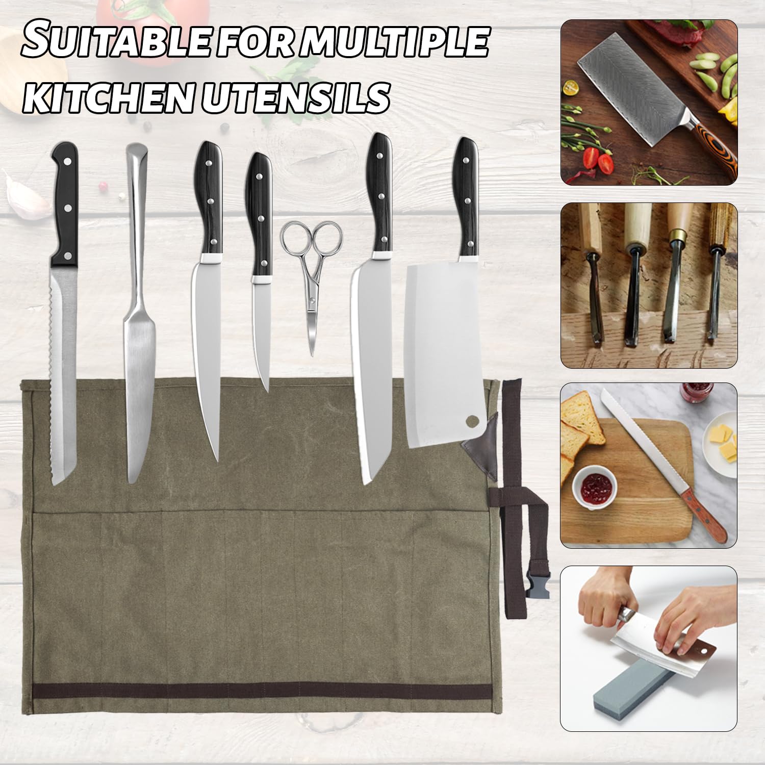Borsa Coltelli Chef, Custodia Pieghevole a Rullo, 8 Scomparti, Contiene Coltelli fino a 10 cm, Chiusura con Cordino Avvolgente, Ldeale per Campeggio, Picnic, Cucina, ecc