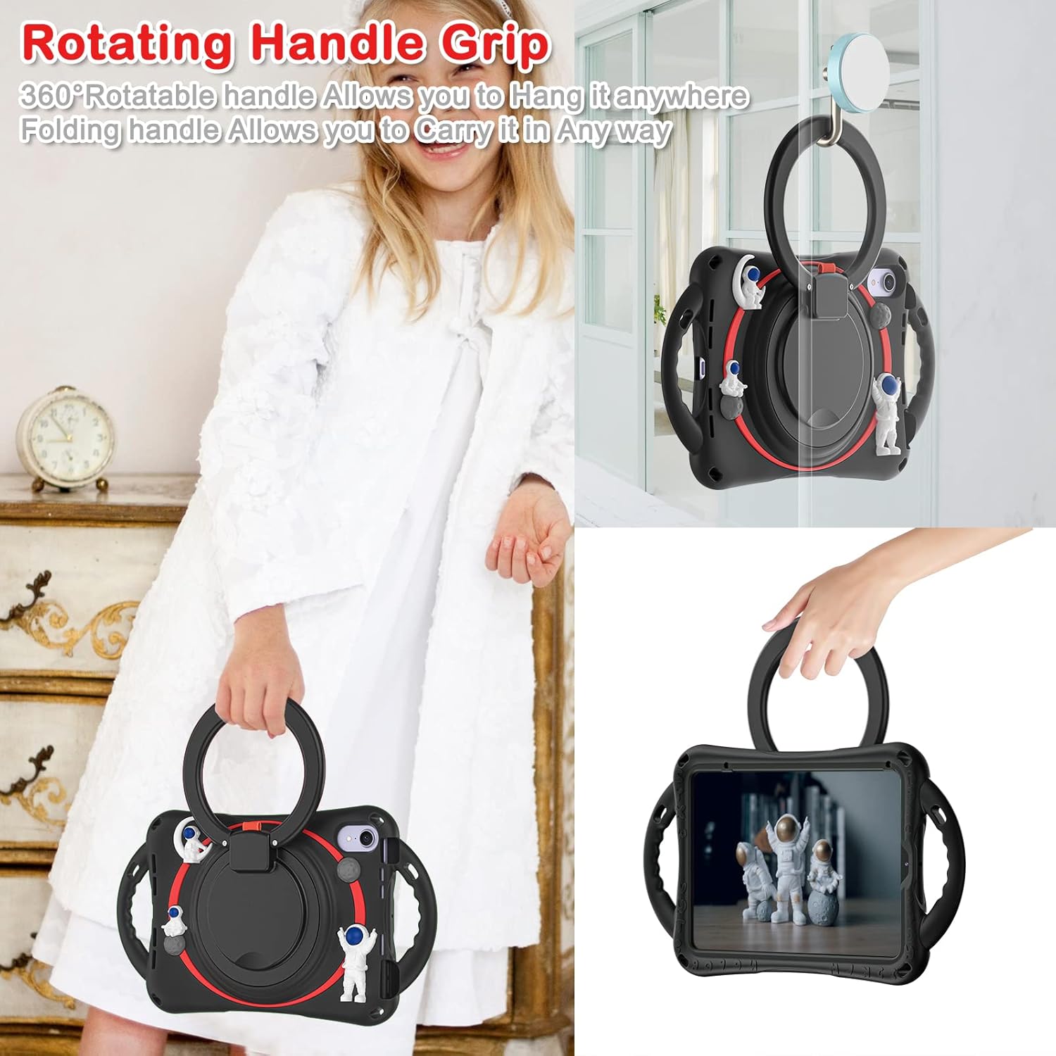 iPad mini 6 Case for Kids - 6th Gen Case, Durable Shockproof, 360° Rotating Grip, Foldable Handle, Secure Stand Kickstand, Stylish Black Silicone & PC, with Convenient Carrying Strap