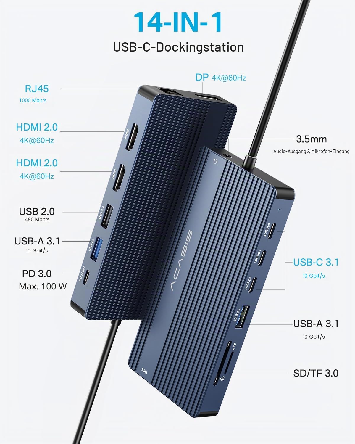 ACASIS USB C Hub 14-1 USB C Docking Station Dual Monitor, mit 2 HDMI+DP(4K60Hz), Ethernet, 3 USBC 10Gbps,100W PD, SD/TF 3.0, Audio, Laptop Docking Station für MacBook/Dell/HP/Lenovo (DS0202)