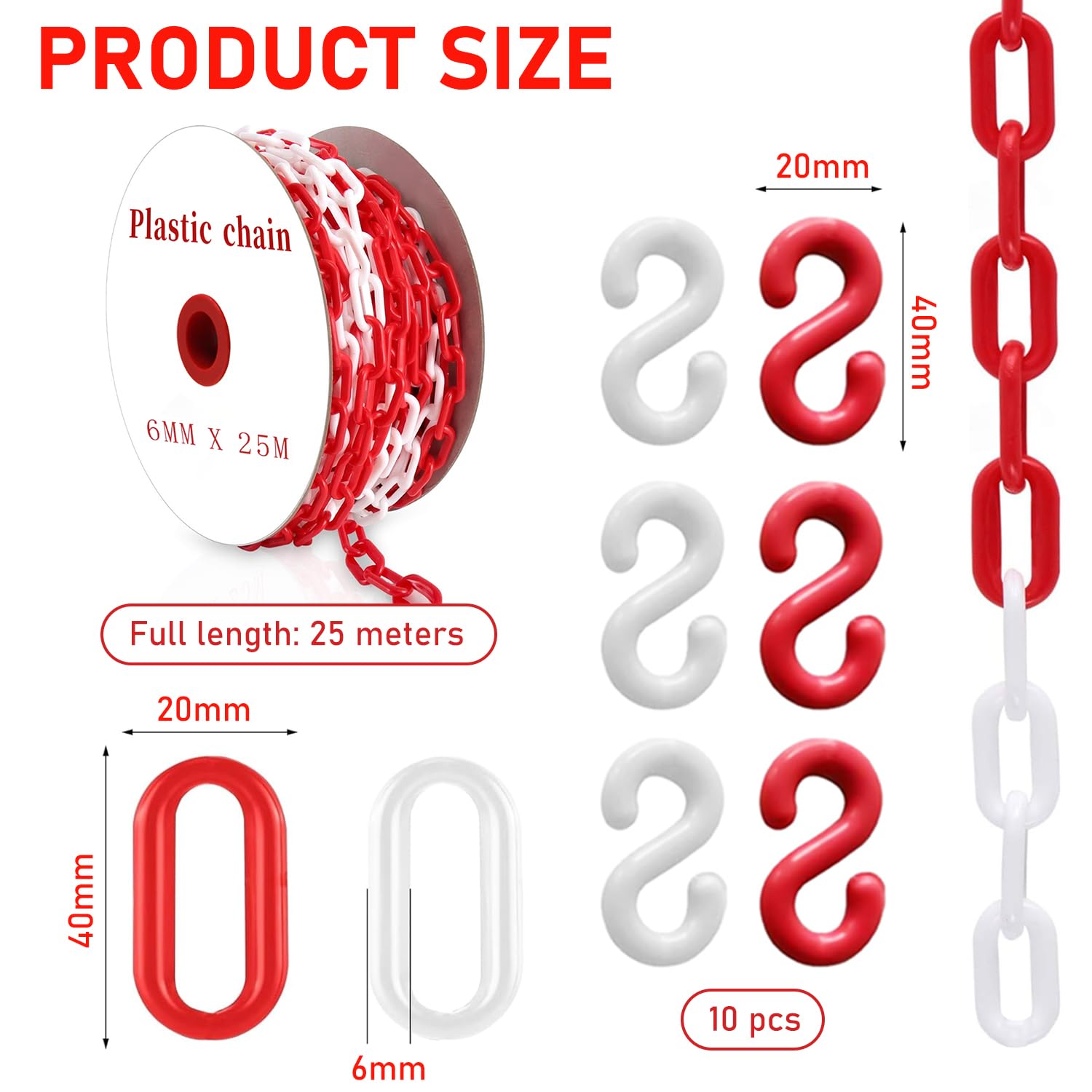 Catena Barriera Plastica Bianco Rosso 25m per Parcheggio con Moschettoni Alta Visibilità