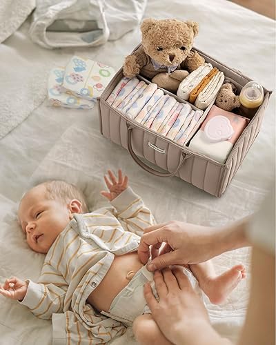 Miniatura 73 de Blissful Diary Organizador de pañales para bebé, elegante cesta de almacenamiento para artículos esenciales para recién nacidos y estación de Marrón