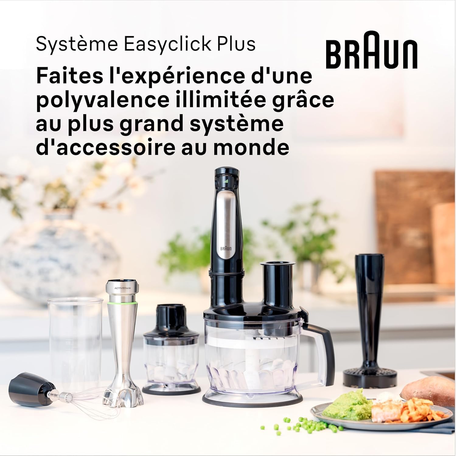 Braun MultiQuick 7 - Mixeur Plongeant, SplashControl, Système ActiveBlade pour Aliments Durs, Sélection de Vitesse Précise, Mini-hachoir 500mL, Fouet, Verre Doseur 600mL, 1000W, Noir (MQ7035XBI)