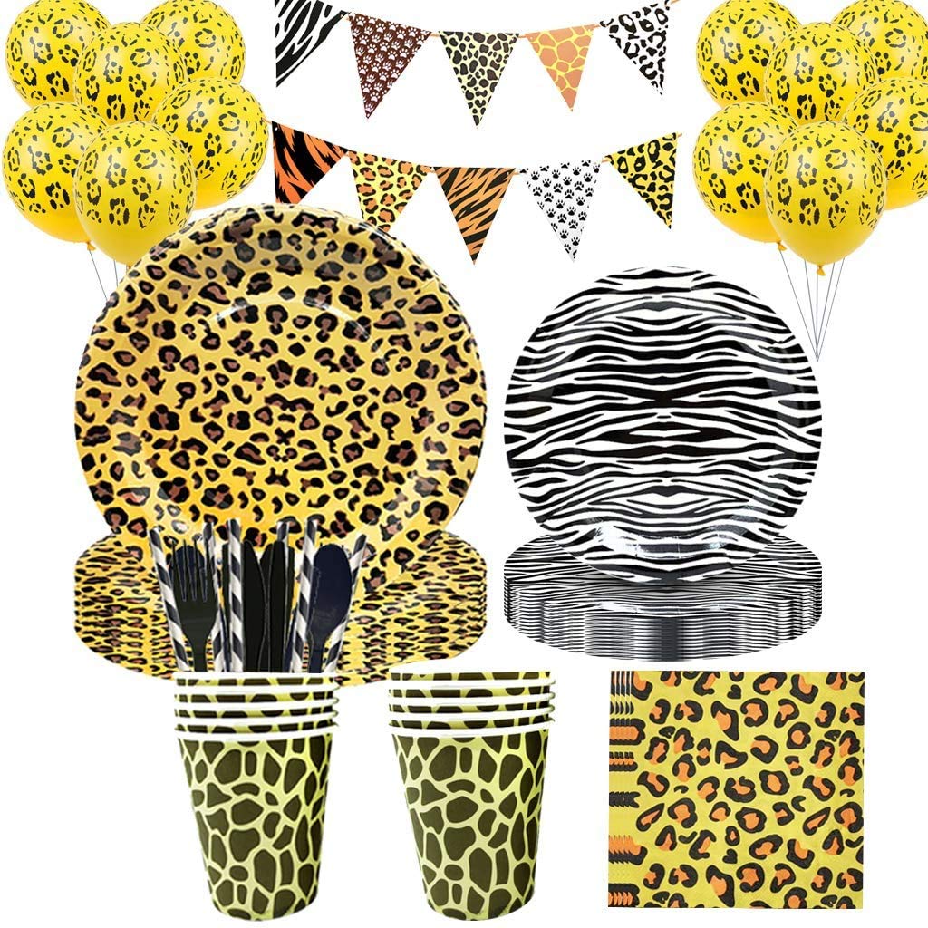 111pcs Jungle Animal Leopard Spots Zebra Print Theme Party Tableware Set Leopard Print Plates Cups Leopard Print Napkins Balloons Banner for Birthday Party Decoration