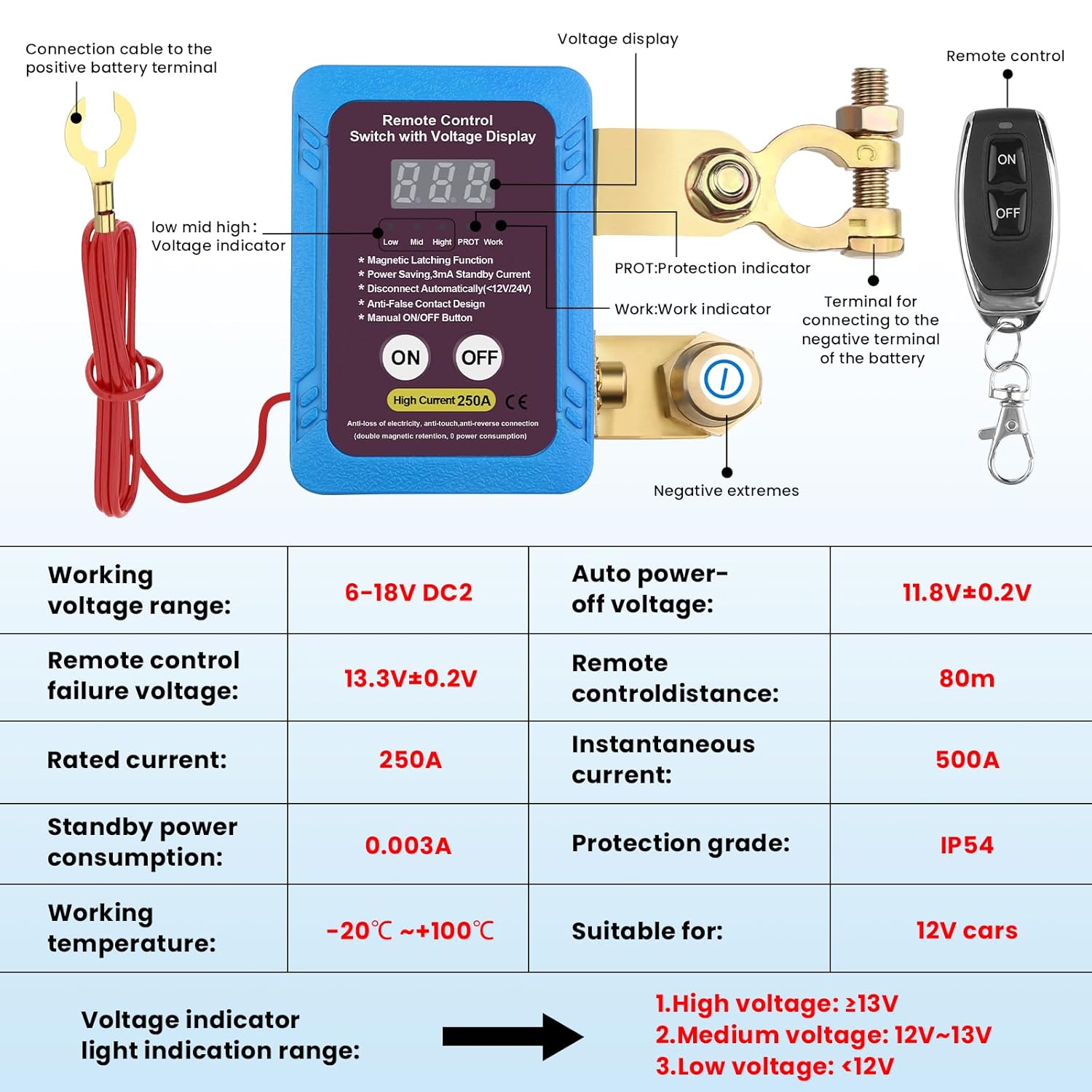 250A 12V Remote Battery Disconnect Switch, Upgrade Smart Voltage Kill Switch with Led Voltage Display for Automotive, Car Battery Kill Switch Anti Theft Safety Car, Truck, RV(Vertical or Flat Instal)