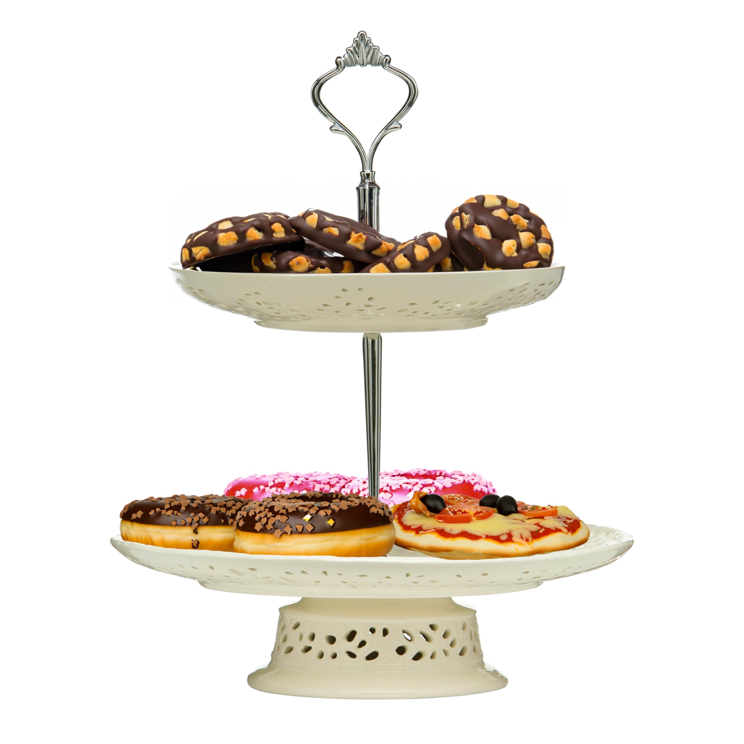 Premier Housewares Elegant 2 Tier Ceramic Lace Cake Plate, Two Tier Design Cake Stand For Dinner, Versatile Cupcake Plate