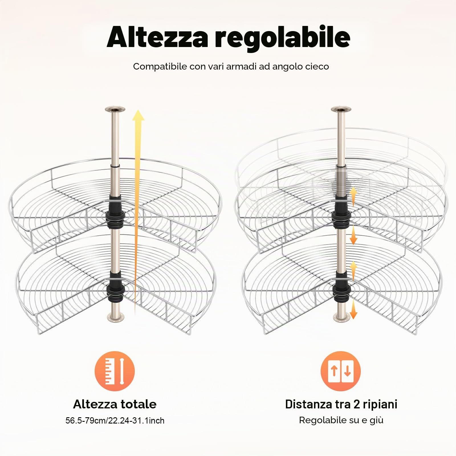 Carrello per Pentole per Armadio da Cucina, 270° Ripiano Girevole per Armadio da Cucina ad Angolo a 2 Ripiani, Cassetto per Pentole, Armadio da Cucina ad Angolo, Larghezza 71cm