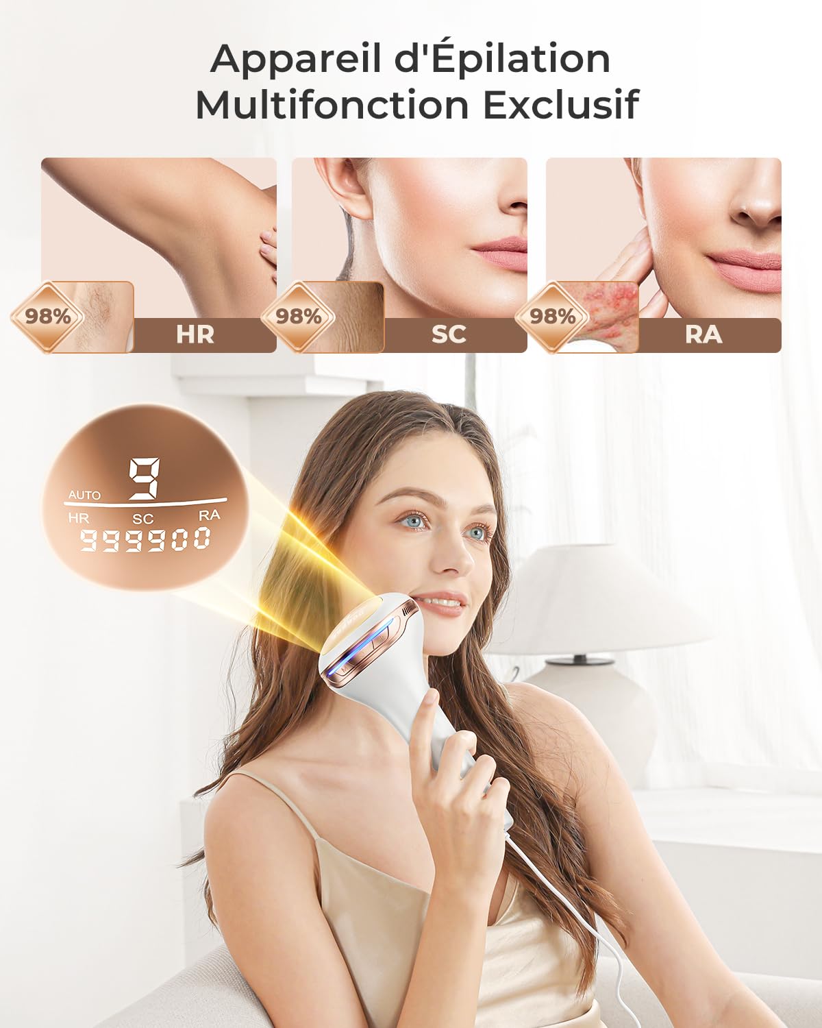 Épilateur Lumière Pulsée, IPL Épilateur Laser avec Fonction 3-en-1 et 21J et 9 Niveaux d'énergie, 600NM-1200NM Épilation laser pour Femme et Homme, Visage, Corps
