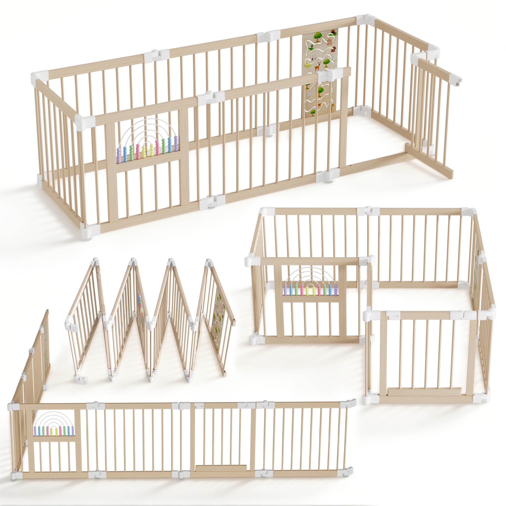 LZQ Parc en bois pour bébé - 8 éléments - Avec porte et tableau de jeu - Pliable - Barrière de sécurité - Grille de protection pour bébé