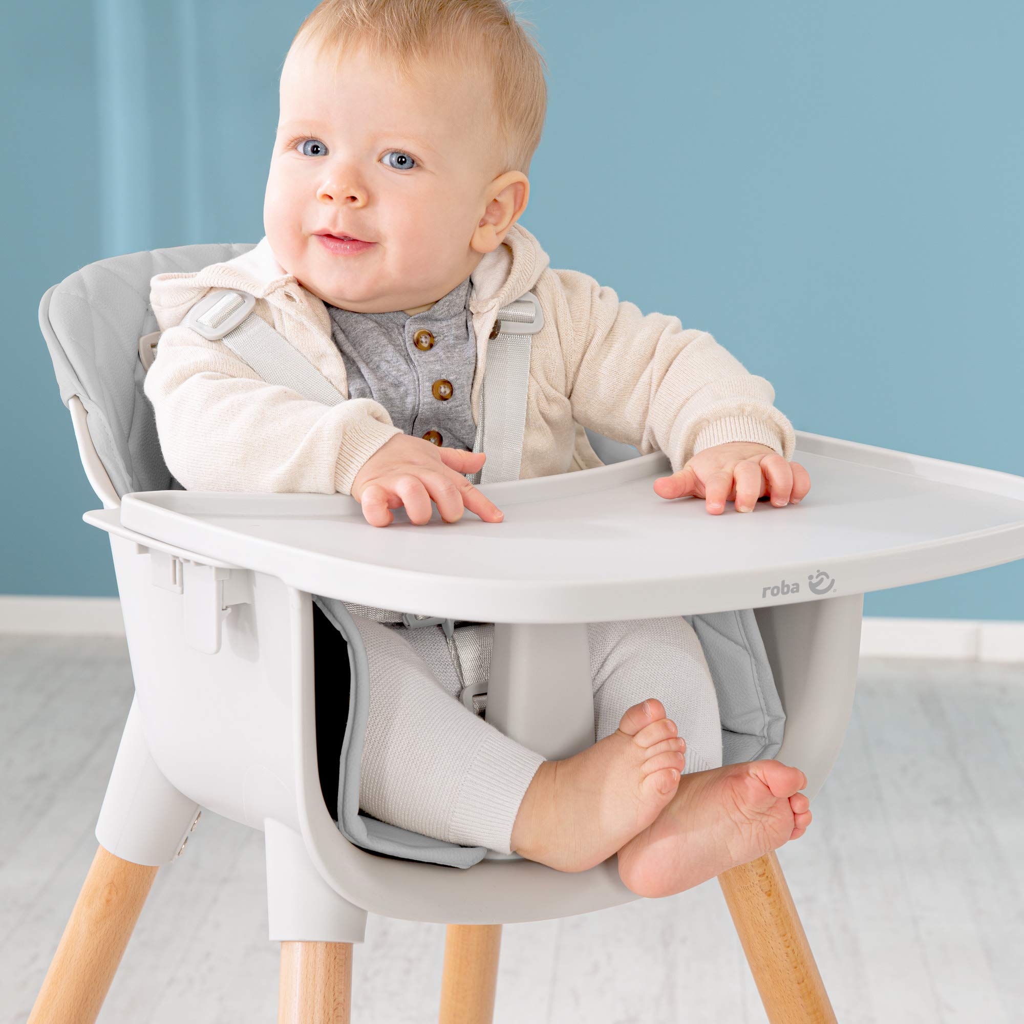 roba Chaise Haute Évolutive 2 en 1 Style Up Wood pour Bébé et Enfant - 50 KG - avec Ceinture de Sécurité et Plateau Repas Amovible - Réglable - Assise Rembourrée - Gris