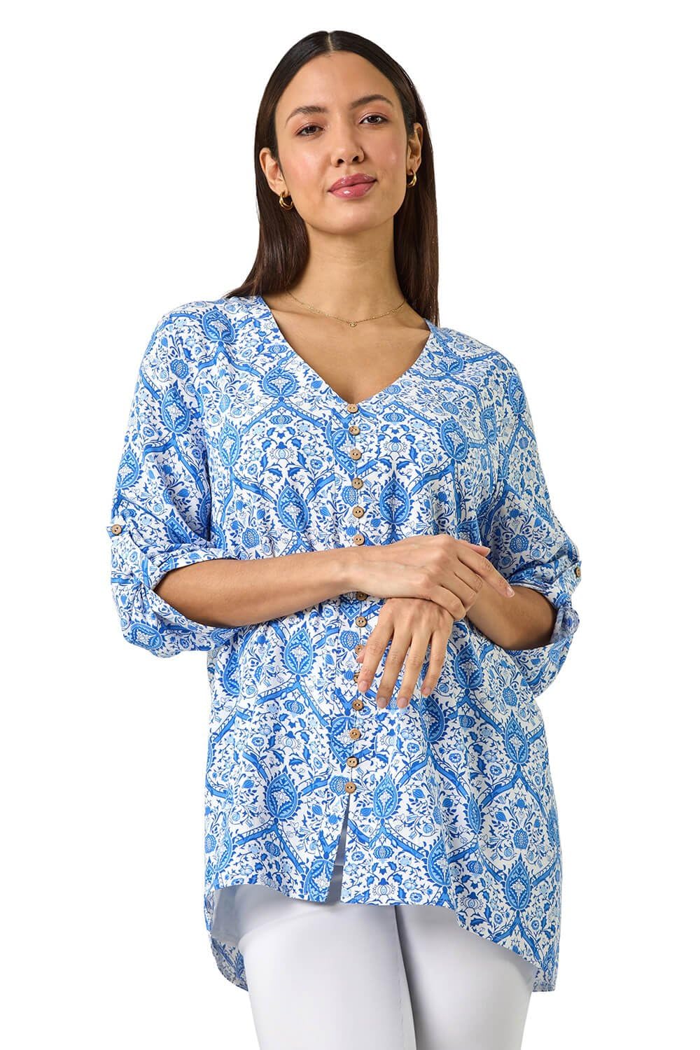 Roman Women's Blue Floral Printed Button Detail Top Size 12