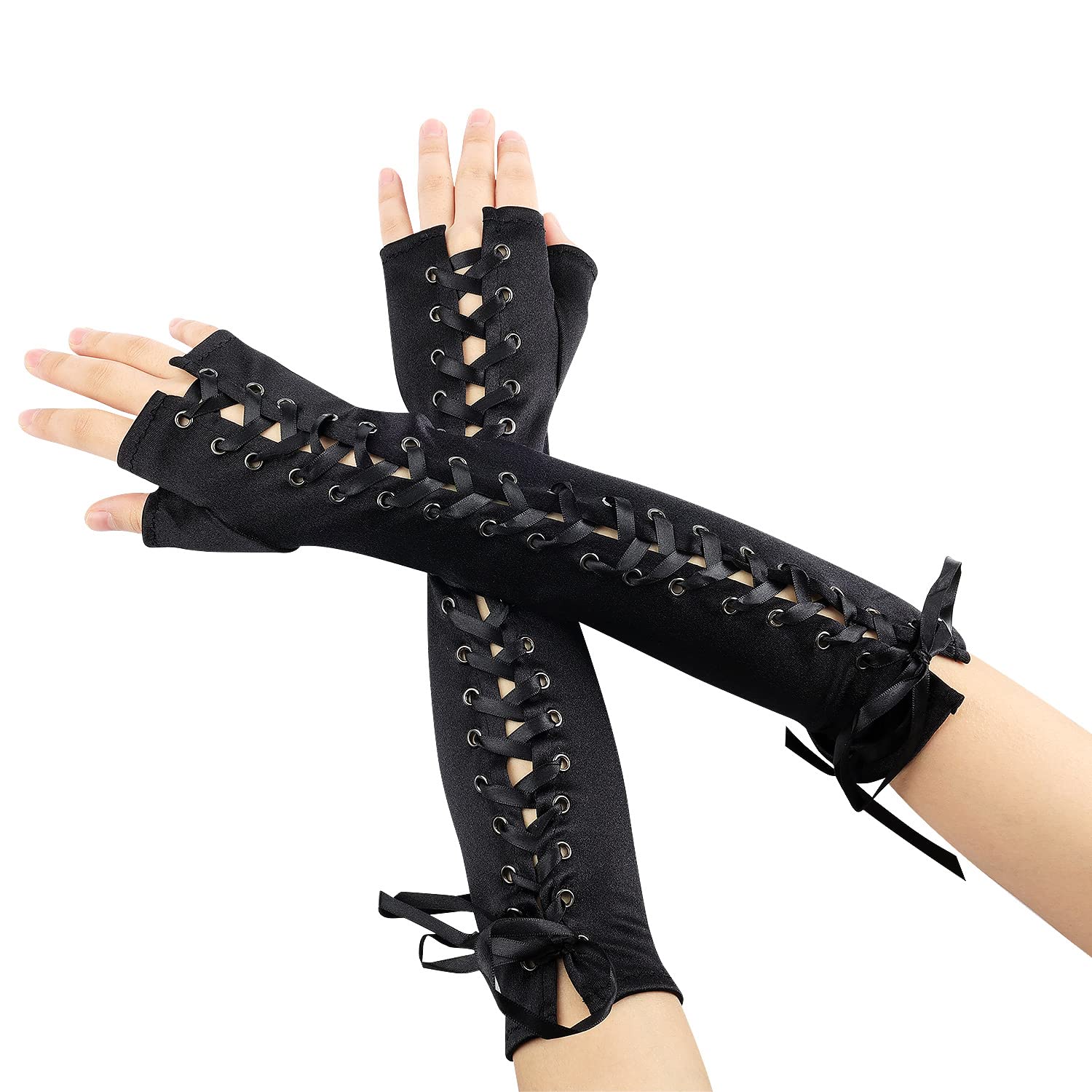 KINBOM1 Pair Women Long Fingerless Gloves, Lace Up Satin Fashionable Steampunk Gloves Arm Warmer for Women Ladies Girls Wedding Party Halloween Cosplay Dress Up Accessories (Black), Black, 35cm