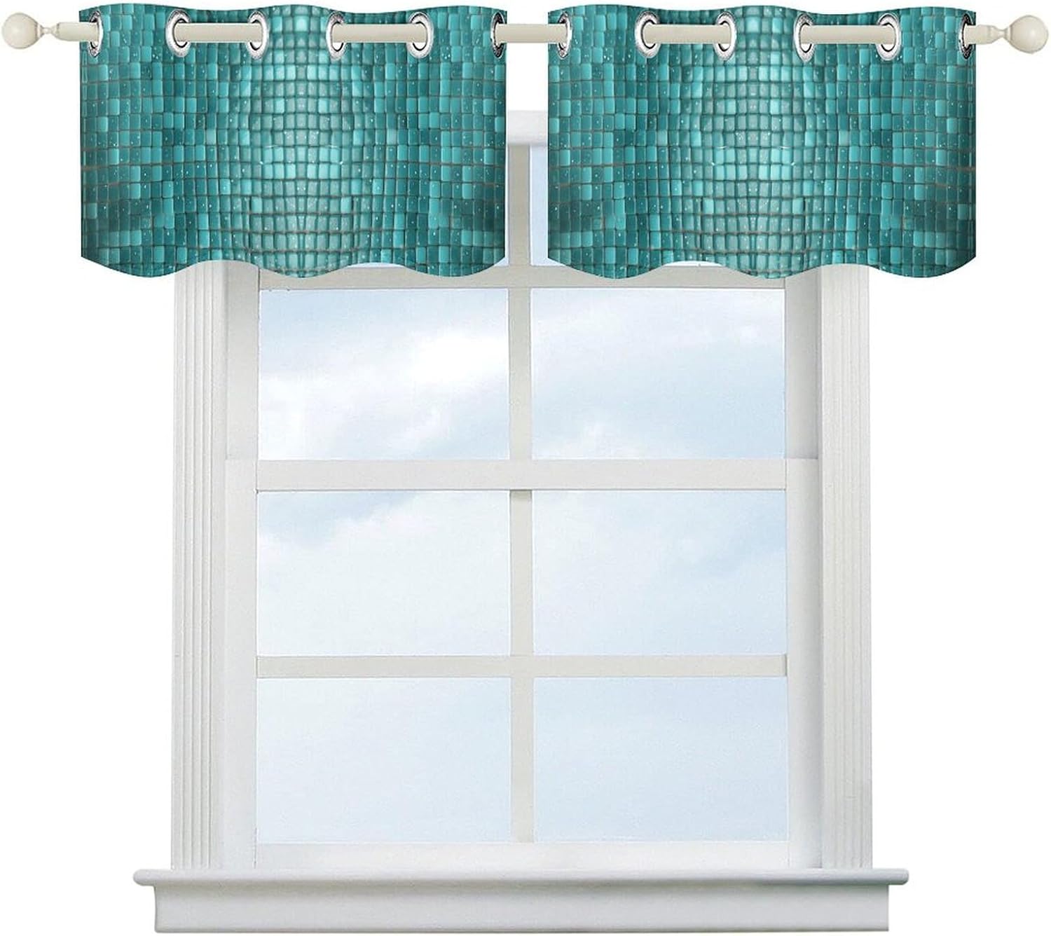 Turquoise Small Dot Tiles Printed Short Window Curtains, Grommet Small Valance, Decorative Short Curtains Suitable for Window Sills in Bedrooms, Living Rooms, Kitchens, Etc