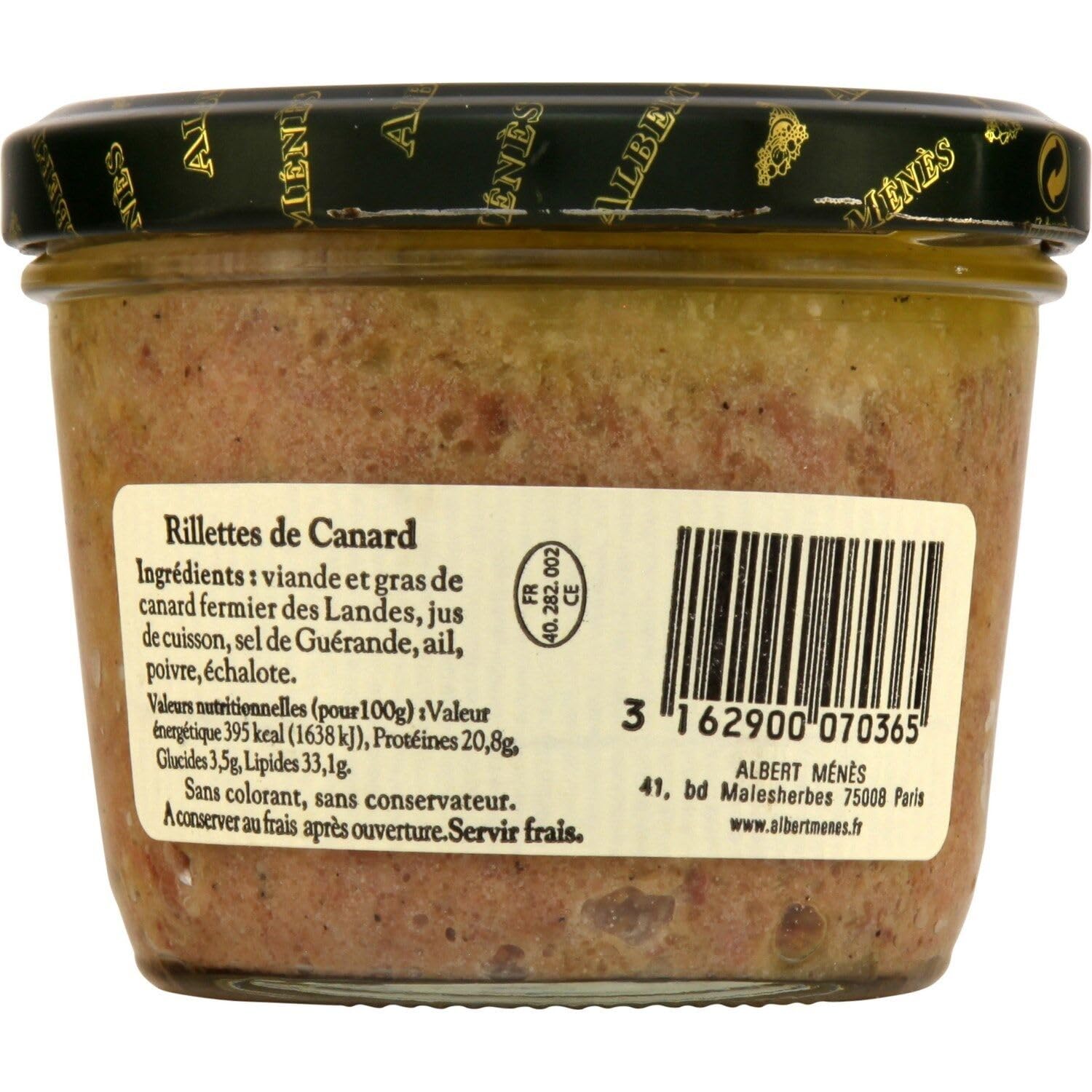 ALBERT MENES Rillettes de Canard Fermier des Landes — Pot de Verre 180 g — Sans Colorant ni Conservateur - Lot de 3